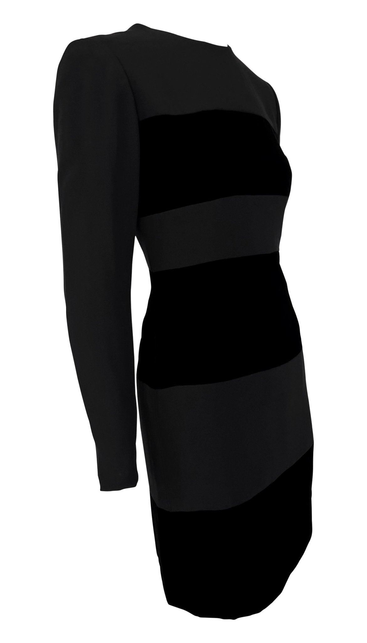 Early 1990s Oscar de La Renta Black Velvet Strip Long Sleeve Mini Dress - RealList