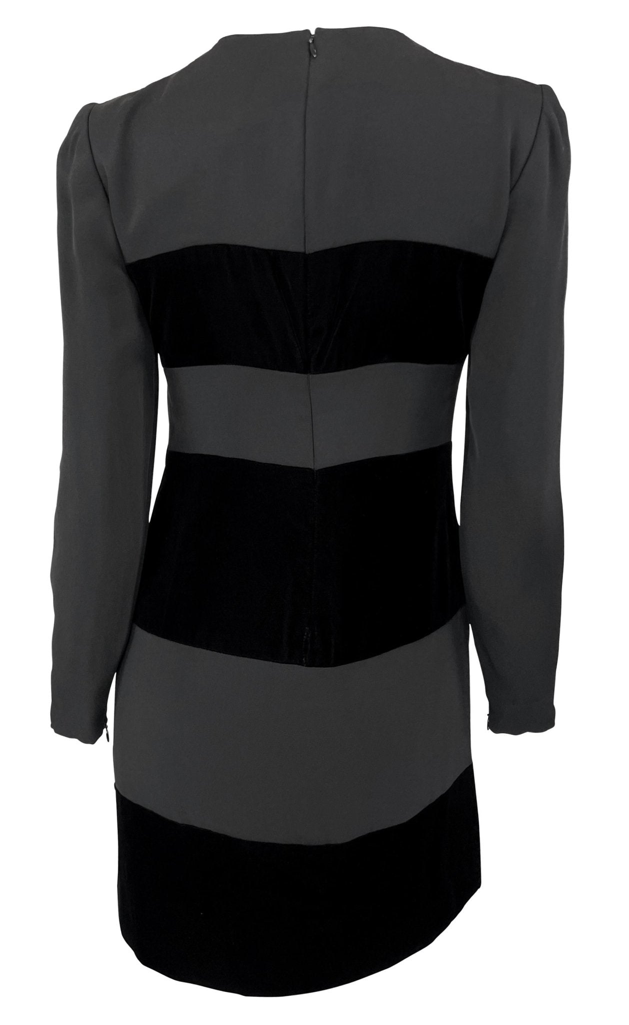 Early 1990s Oscar de La Renta Black Velvet Strip Long Sleeve Mini Dress - RealList