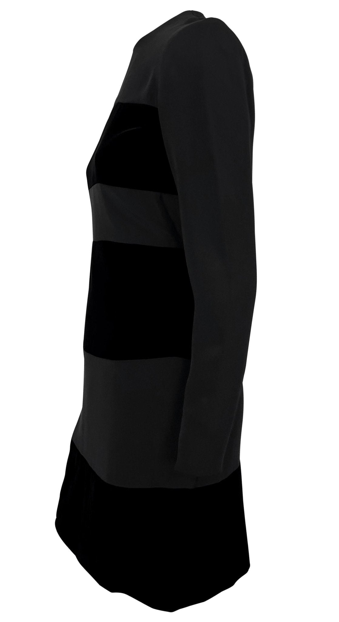 Early 1990s Oscar de La Renta Black Velvet Strip Long Sleeve Mini Dress - RealList