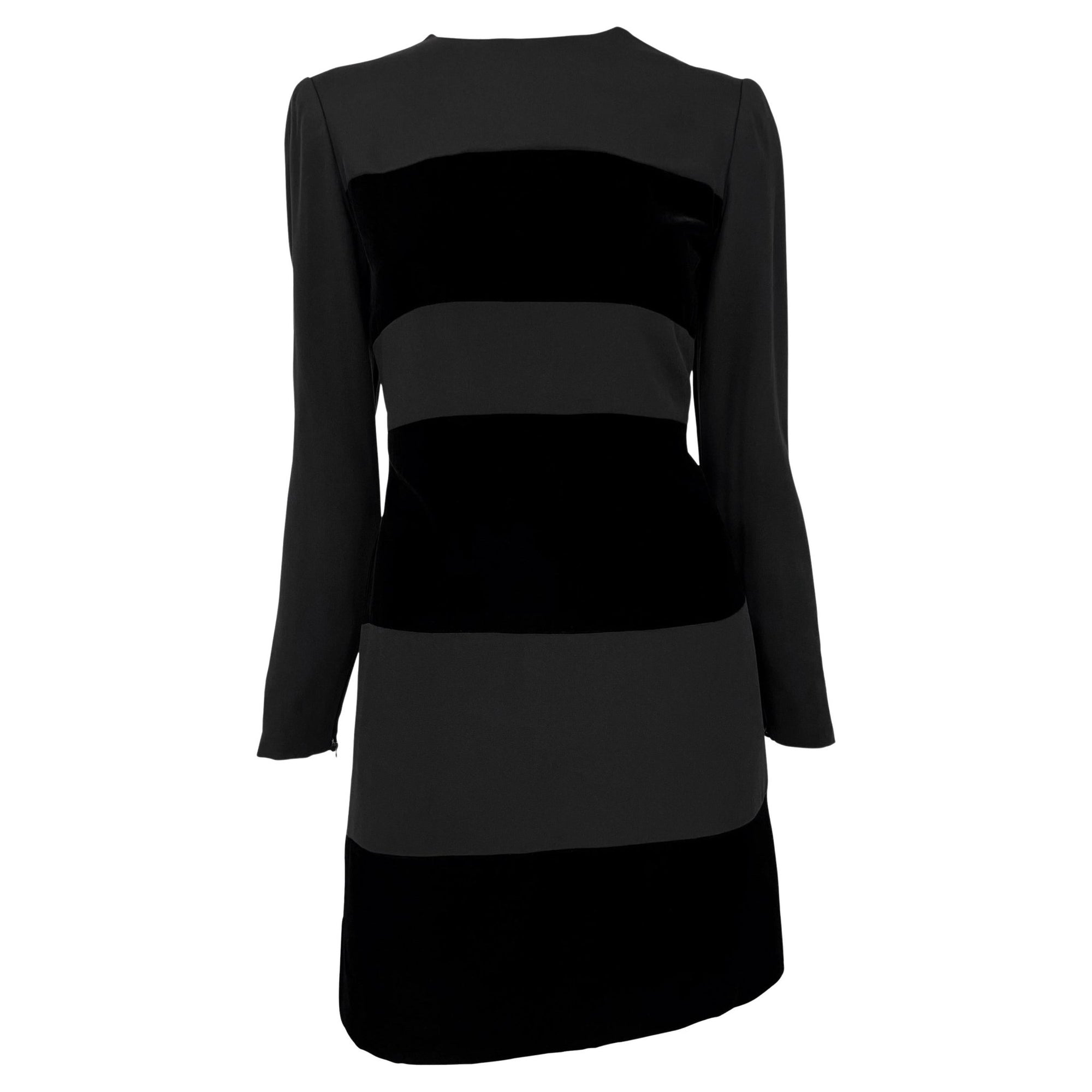 Early 1990s Oscar de La Renta Black Velvet Strip Long Sleeve Mini Dress - RealList