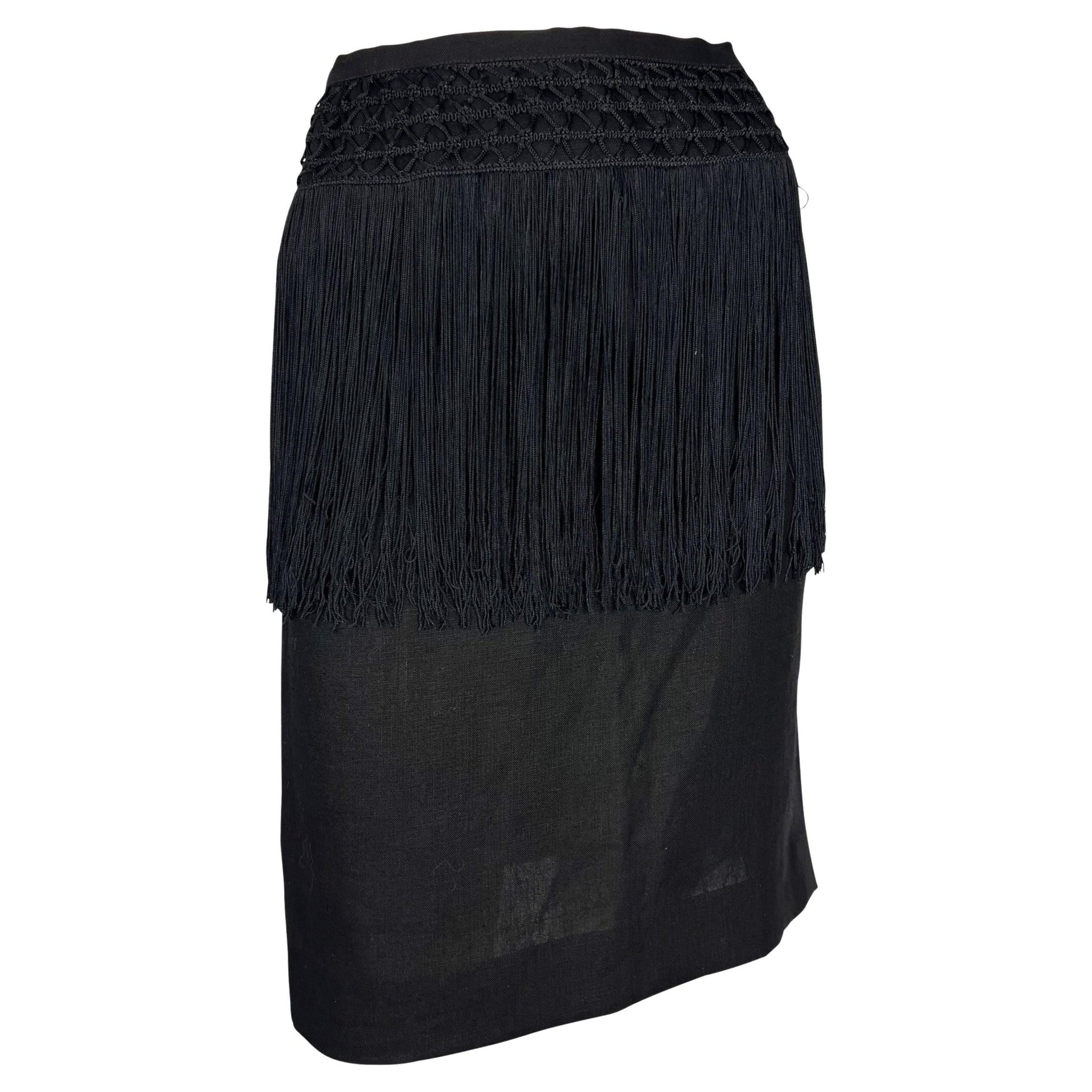 Early 1990s Valentino Garavani Fringe Knit Black Linen Pencil Skirt - RealList