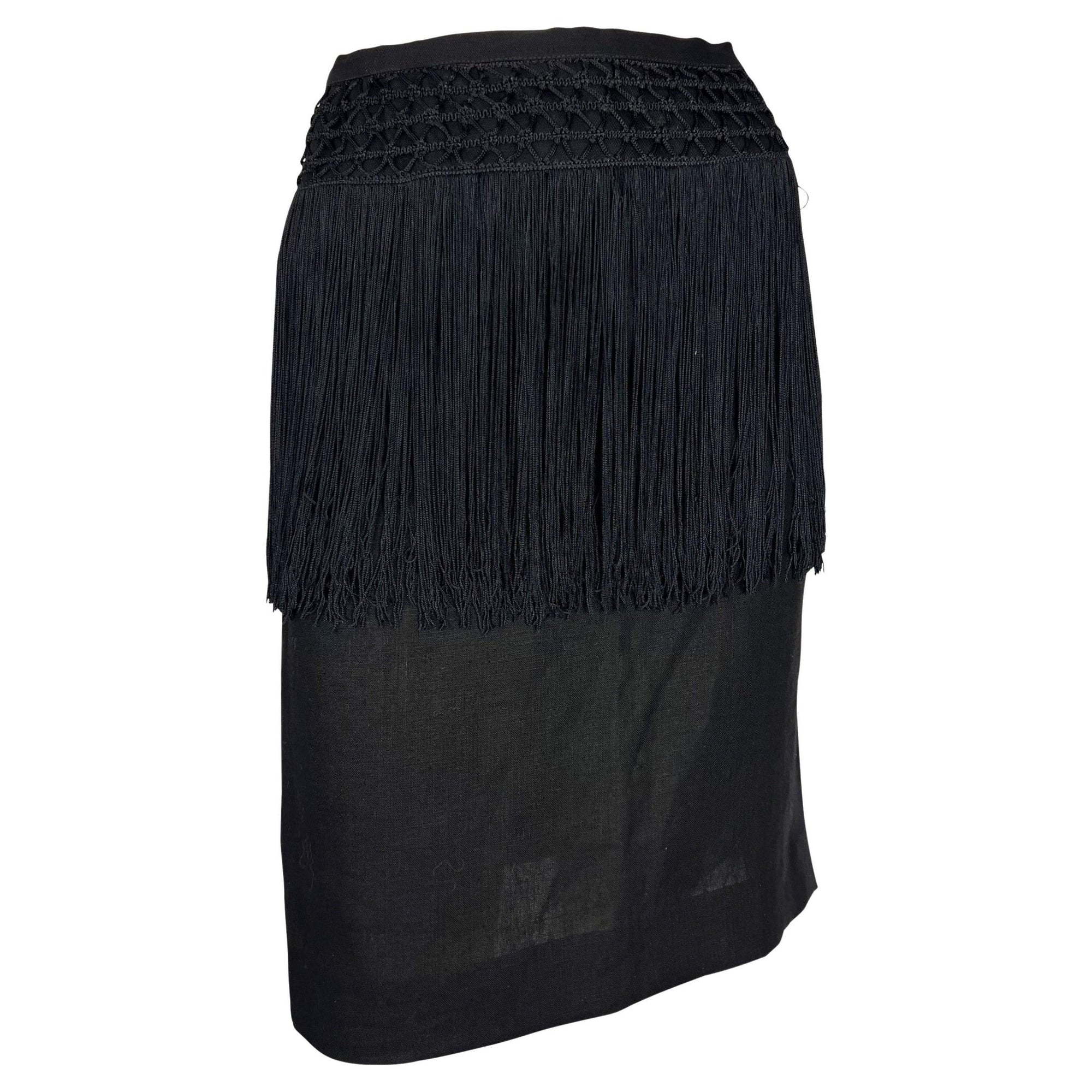 Early 1990s Valentino Garavani Fringe Knit Black Linen Pencil Skirt - RealList