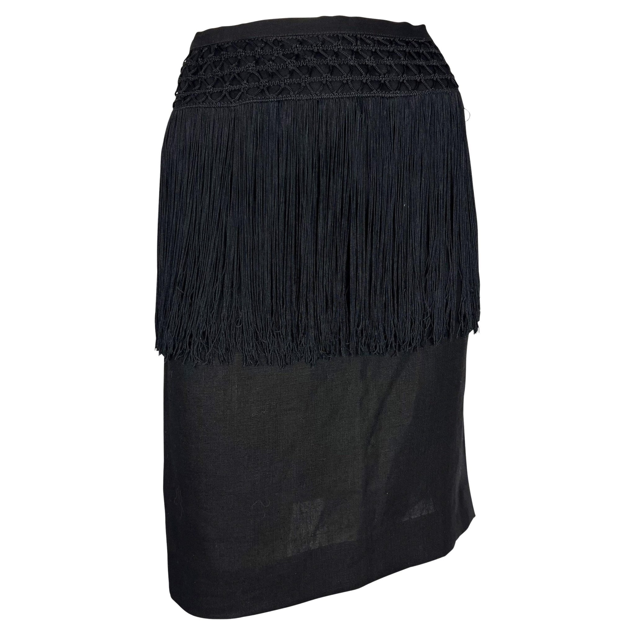 Early 1990s Valentino Garavani Fringe Knit Black Linen Pencil Skirt - RealList