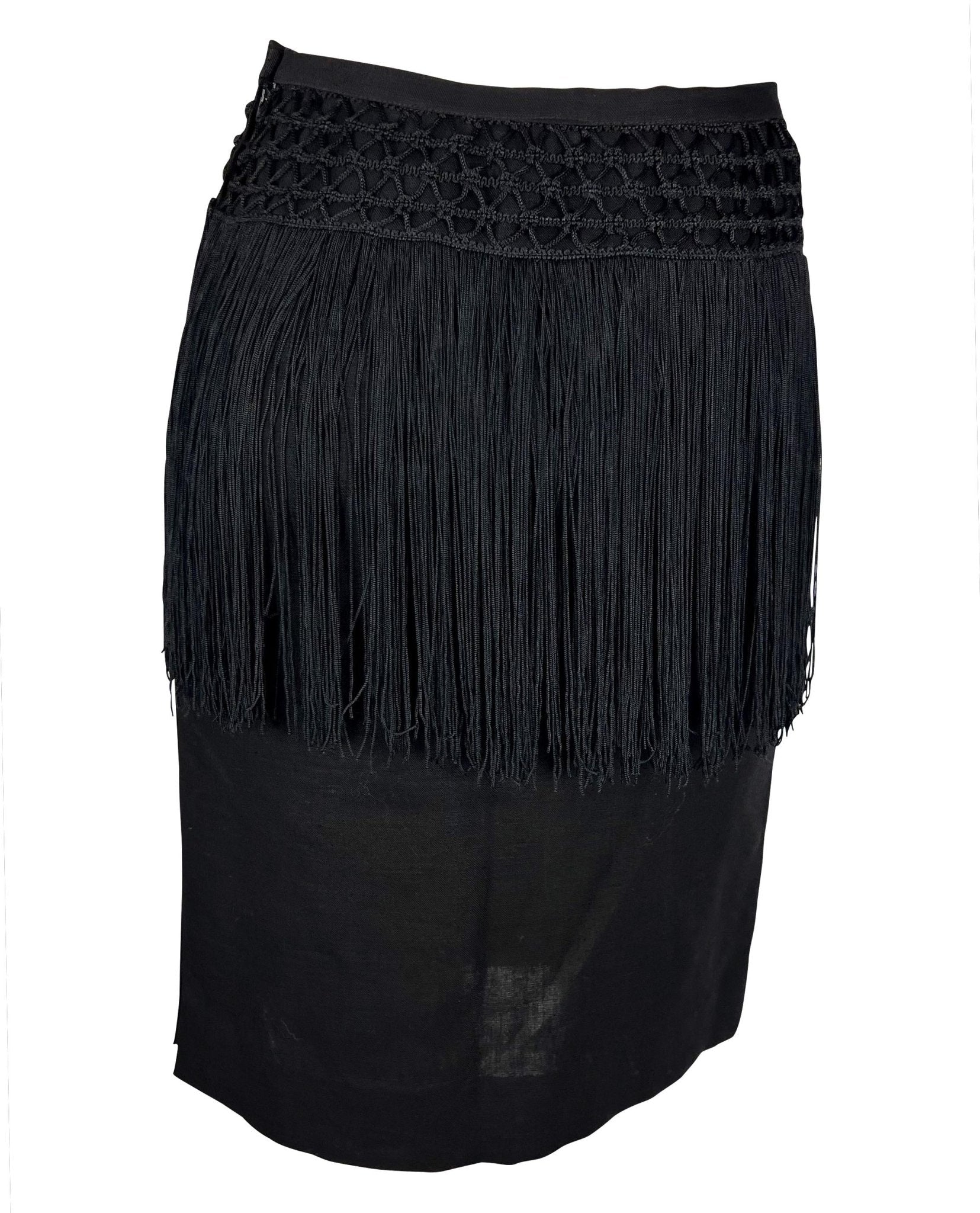Early 1990s Valentino Garavani Fringe Knit Black Linen Pencil Skirt - RealList