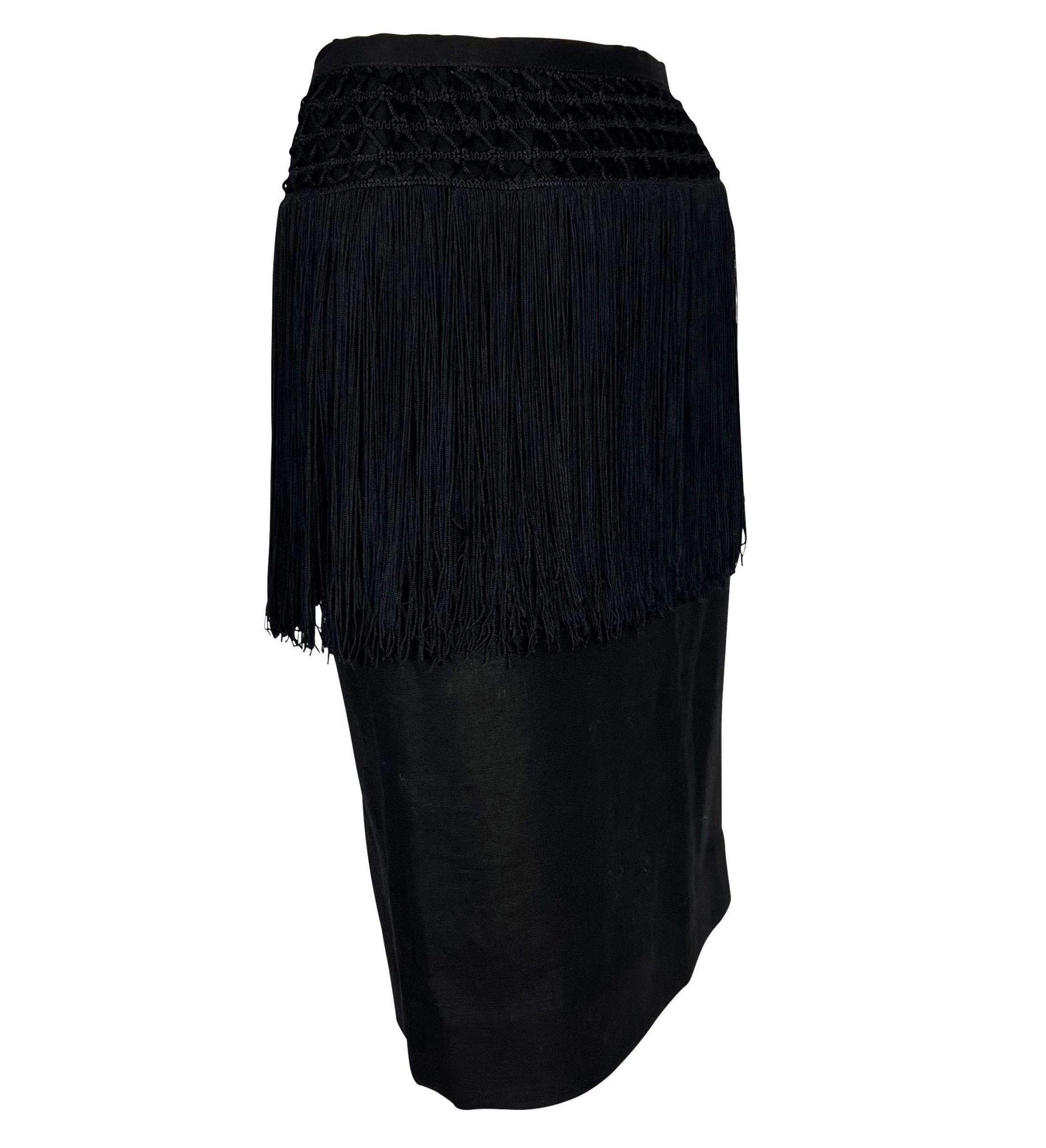 Early 1990s Valentino Garavani Fringe Knit Black Linen Pencil Skirt - RealList