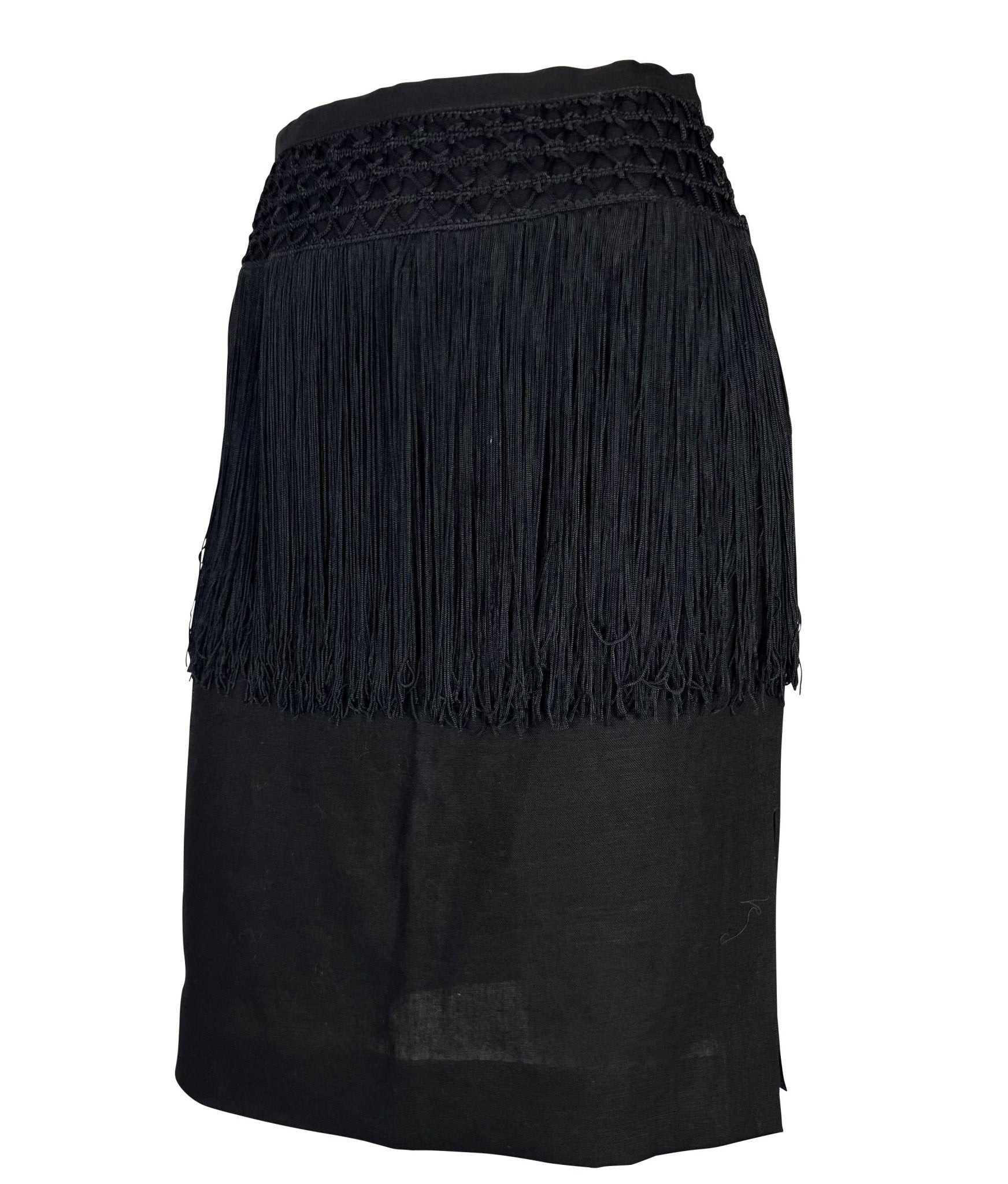 Early 1990s Valentino Garavani Fringe Knit Black Linen Pencil Skirt - RealList