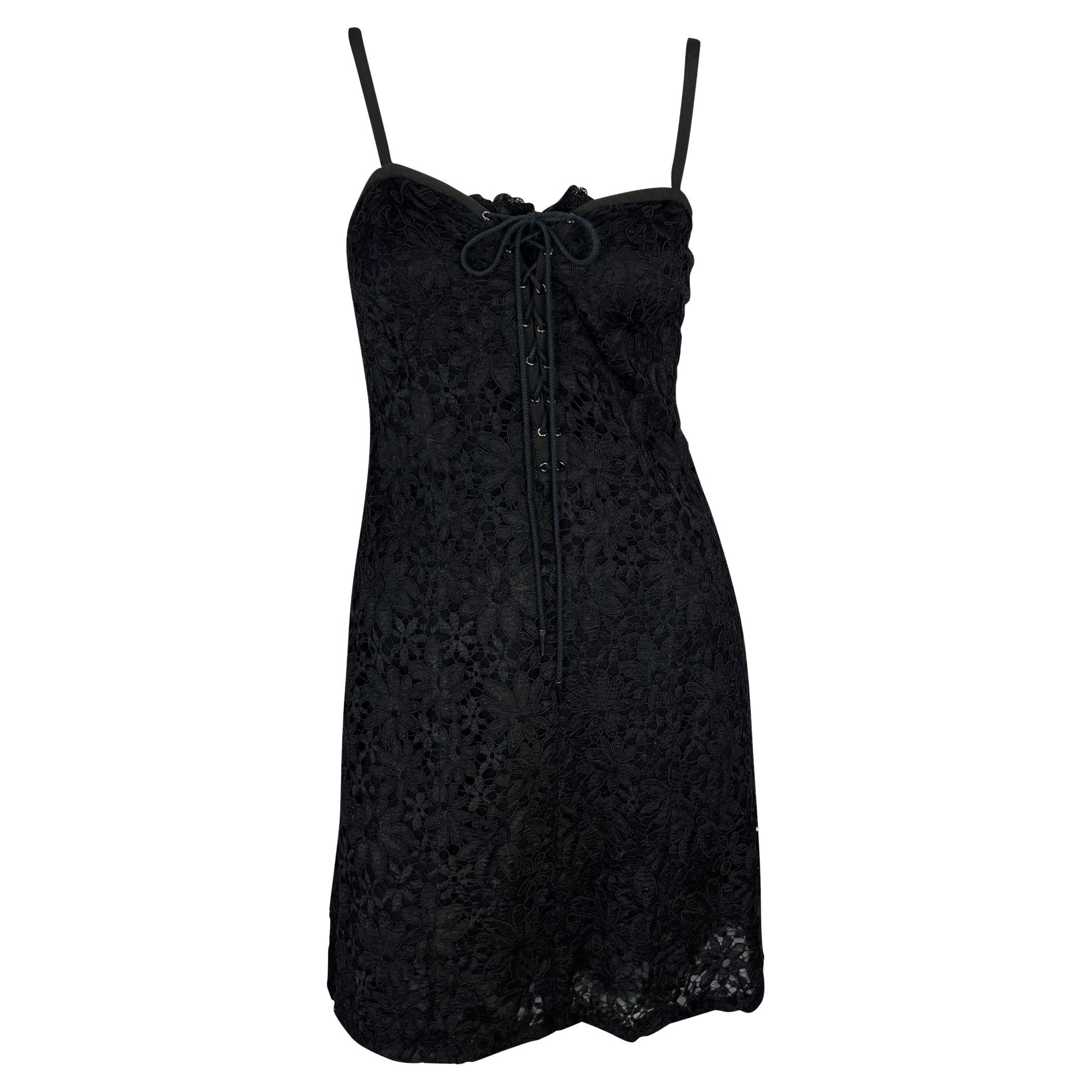Early 1990s Yves Saint Laurent Rive Gauche Lace - Up Black Sheer Lace Mini Dress - RealList