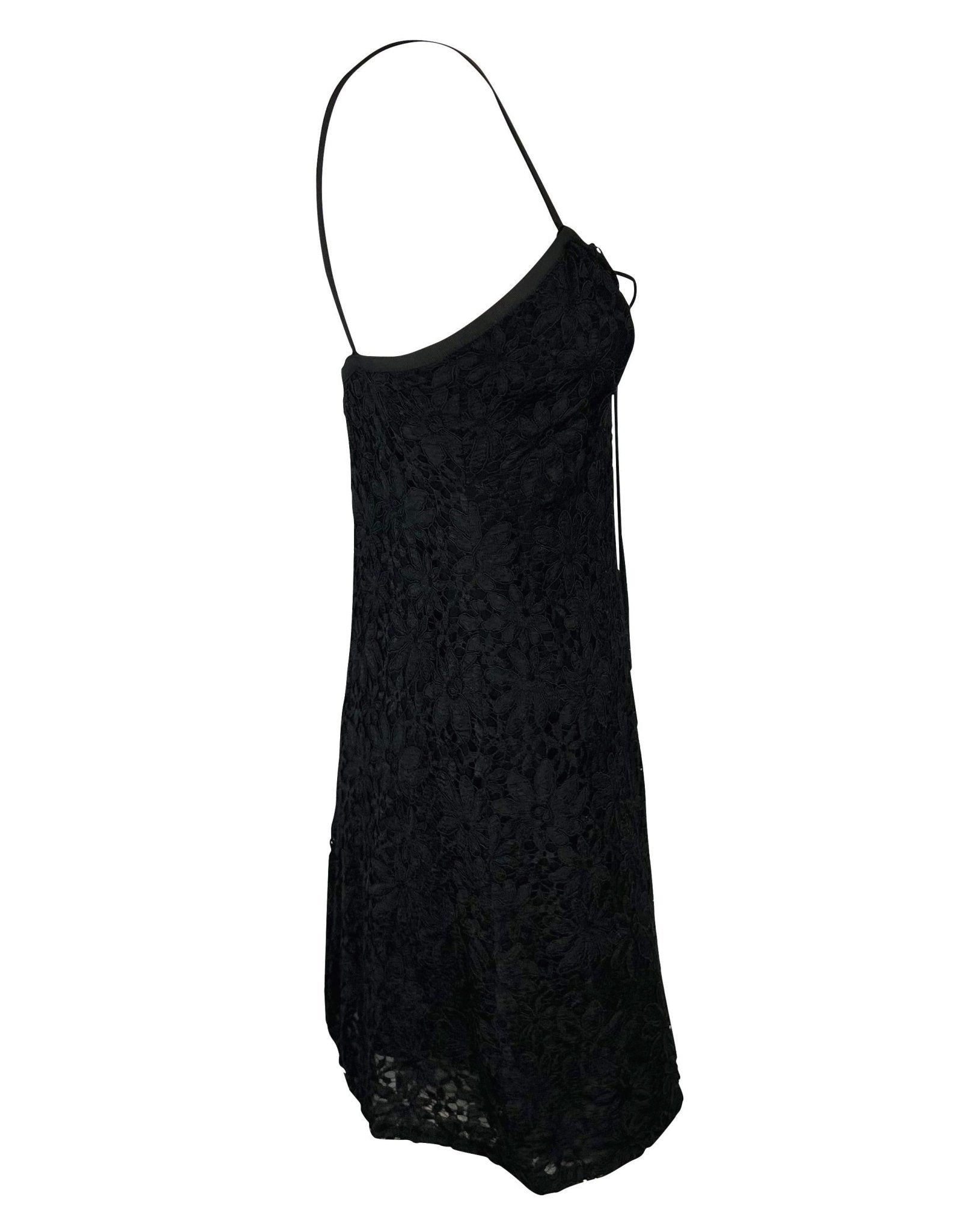Early 1990s Yves Saint Laurent Rive Gauche Lace - Up Black Sheer Lace Mini Dress - RealList