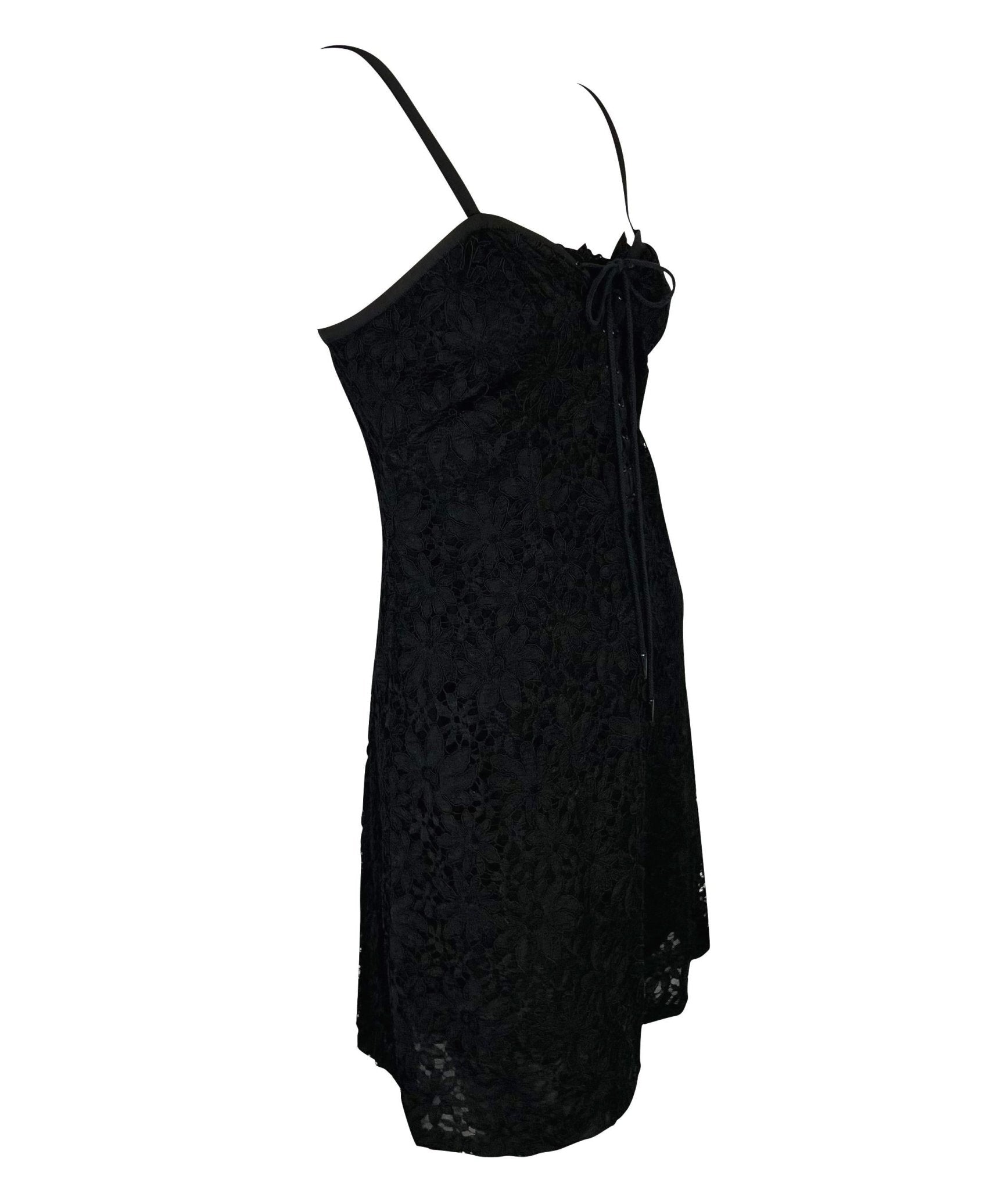 Early 1990s Yves Saint Laurent Rive Gauche Lace - Up Black Sheer Lace Mini Dress - RealList