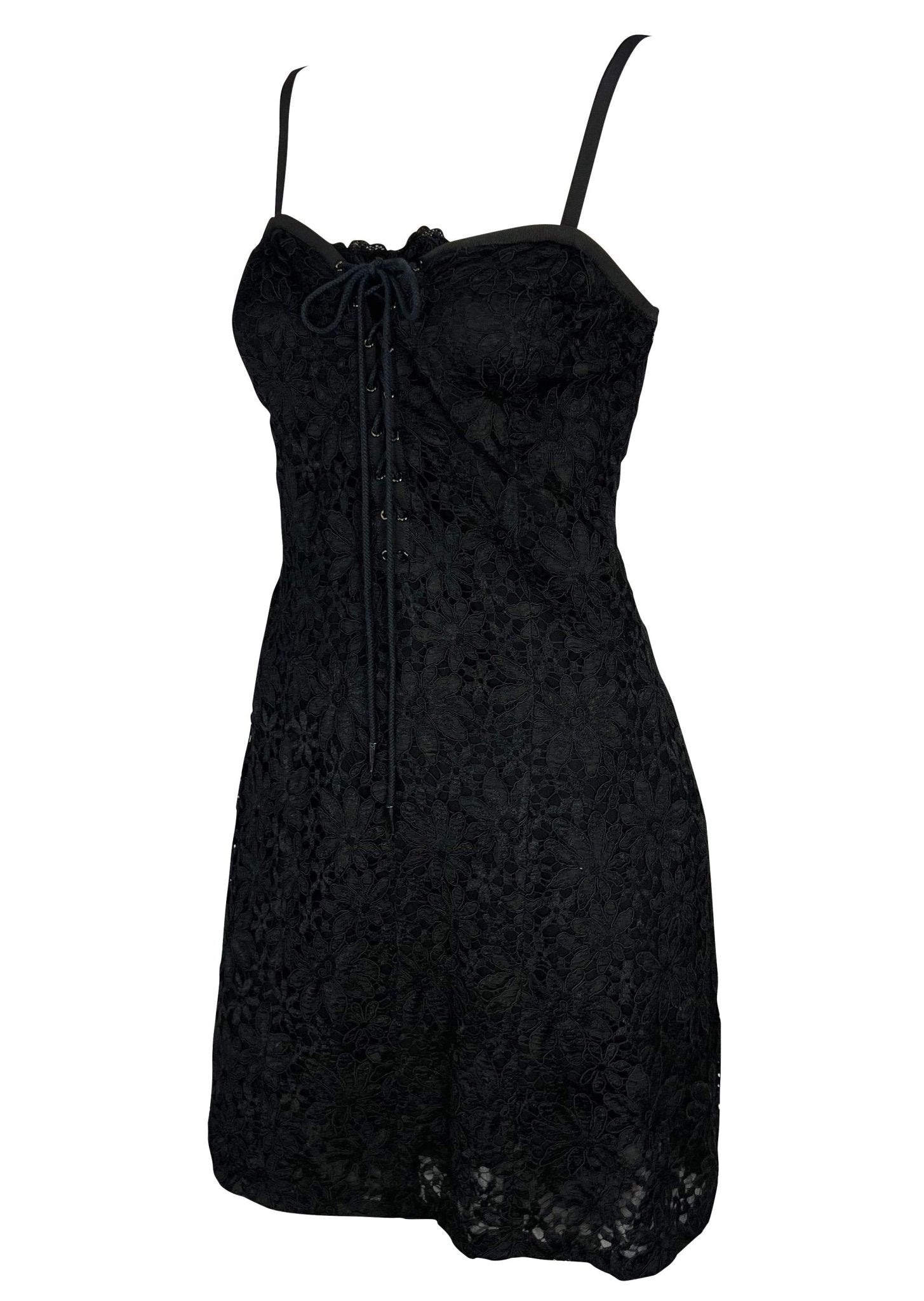 Early 1990s Yves Saint Laurent Rive Gauche Lace - Up Black Sheer Lace Mini Dress - RealList