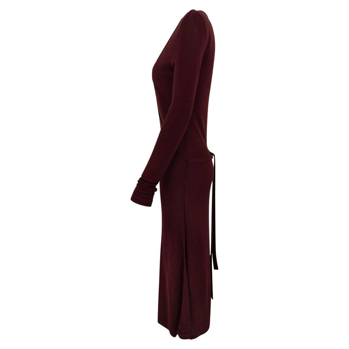 Early 2000s Calvin Klein Burgundy Viscose Plunging Wrap Dress - RealList
