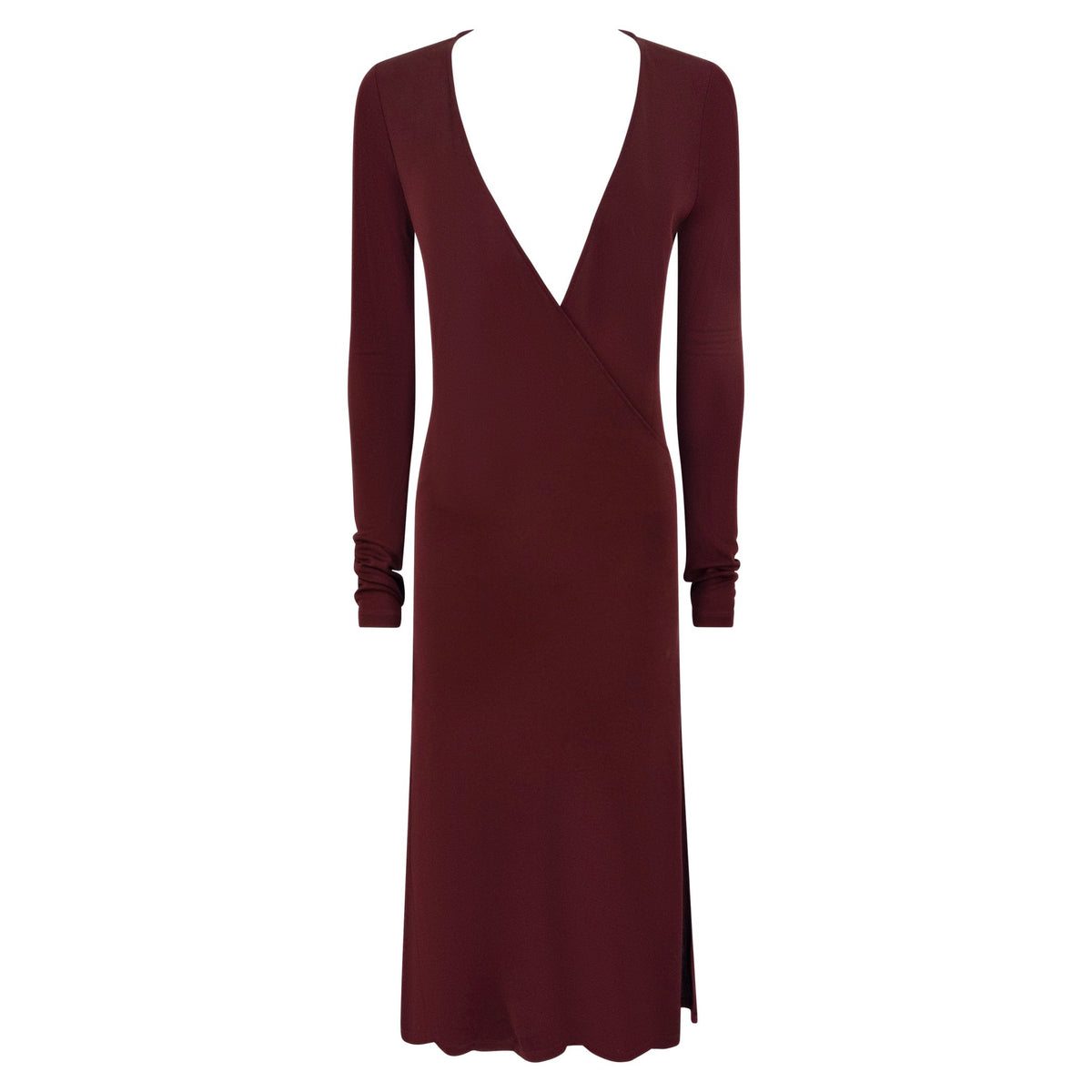 Early 2000s Calvin Klein Burgundy Viscose Plunging Wrap Dress - RealList