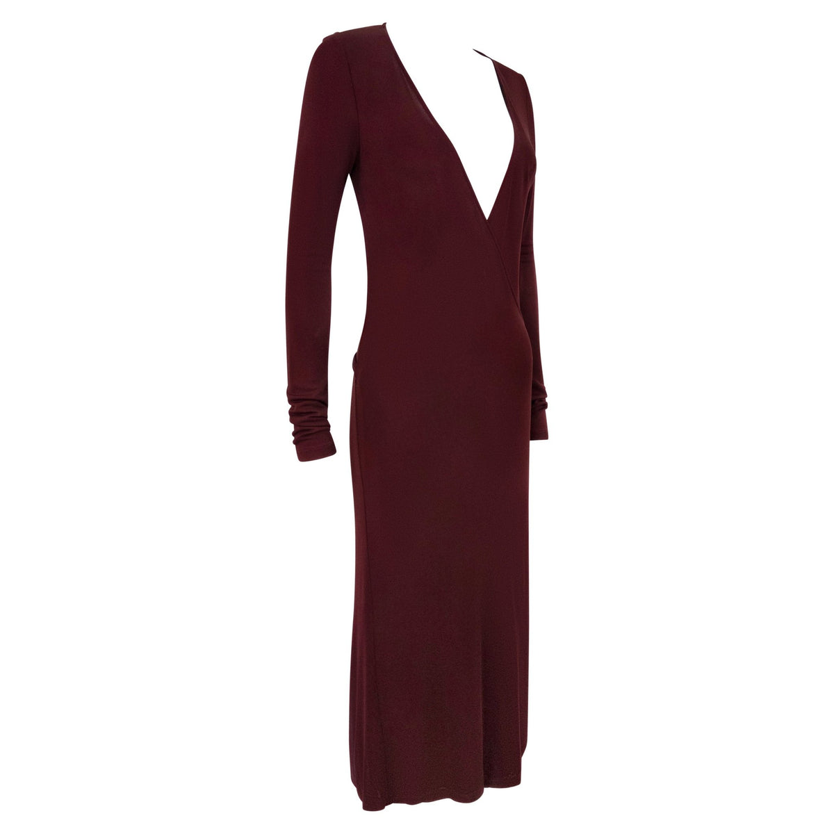 Early 2000s Calvin Klein Burgundy Viscose Plunging Wrap Dress - RealList