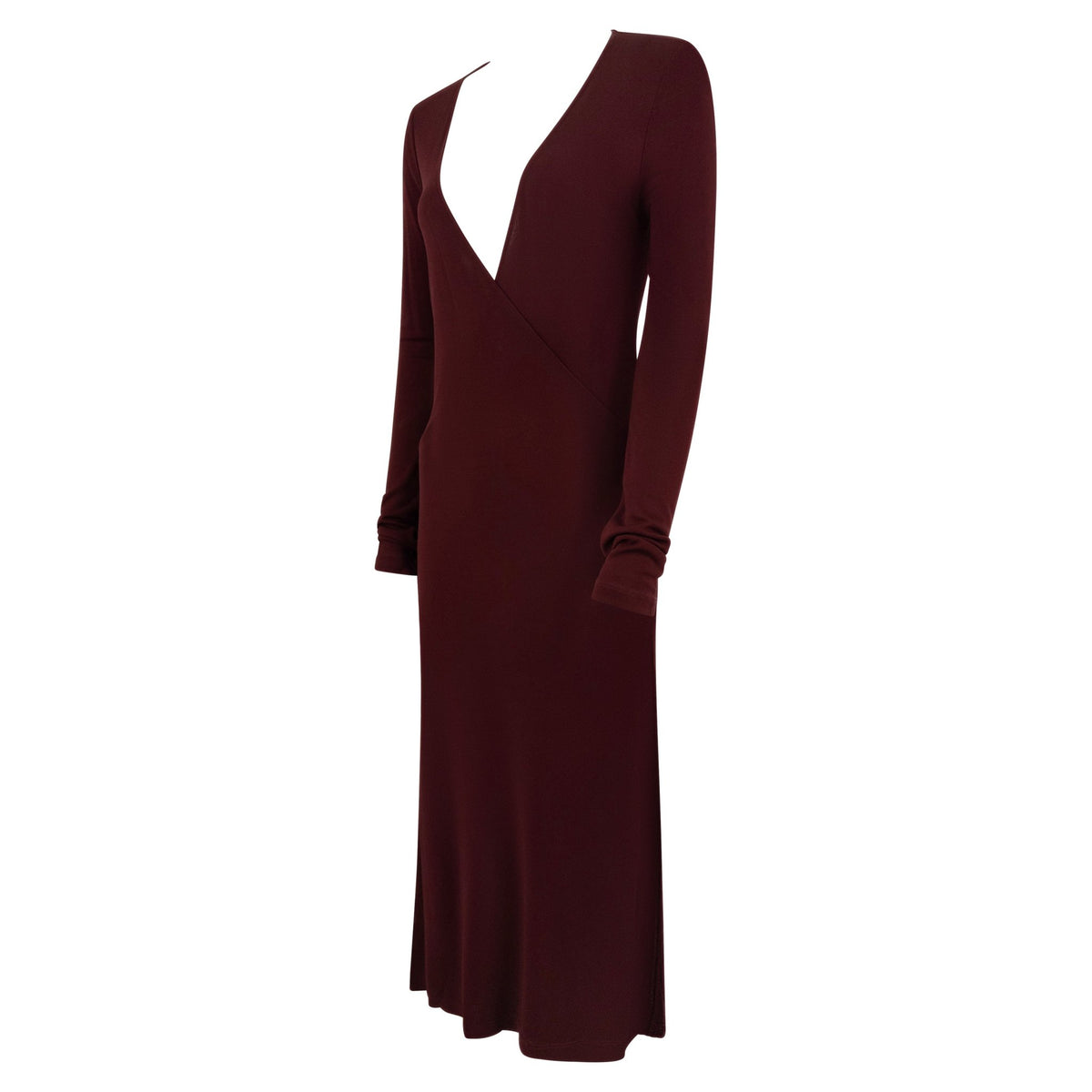 Early 2000s Calvin Klein Burgundy Viscose Plunging Wrap Dress - RealList