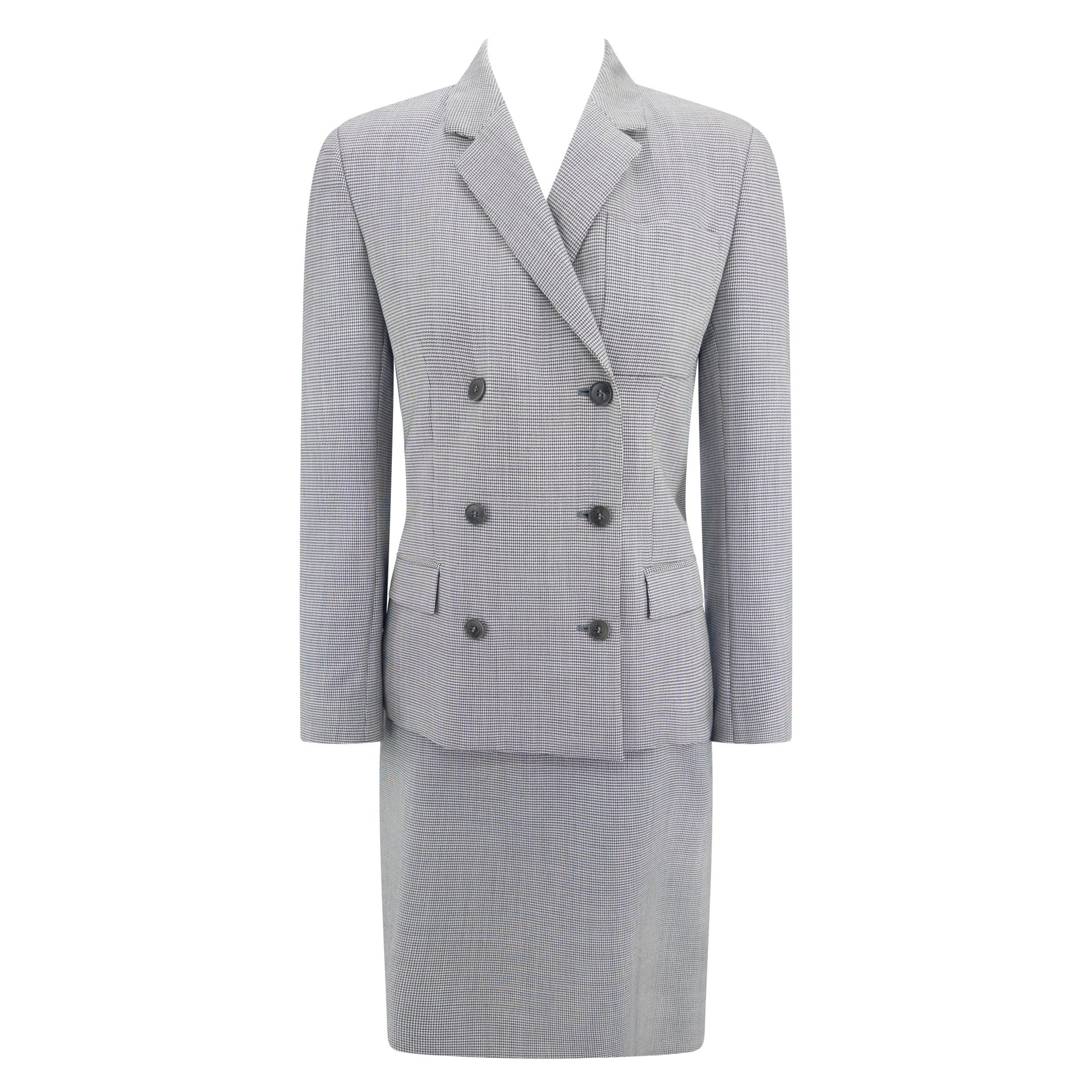 Early 2000s Calvin Klein Grey Wool Mohair Double Breasted Mini Skirt Suit - RealList