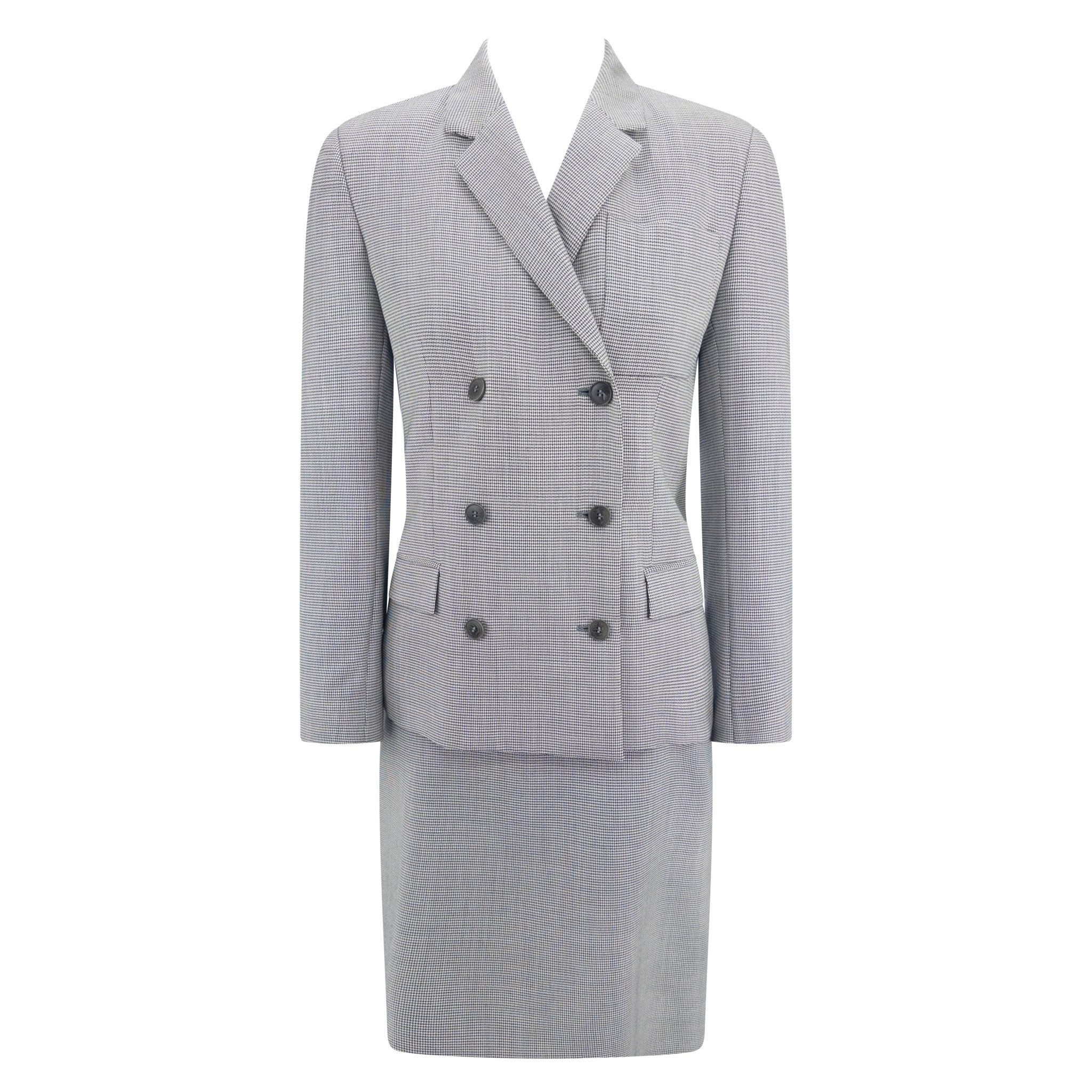 Early 2000s Calvin Klein Grey Wool Mohair Double Breasted Mini Skirt Suit - RealList