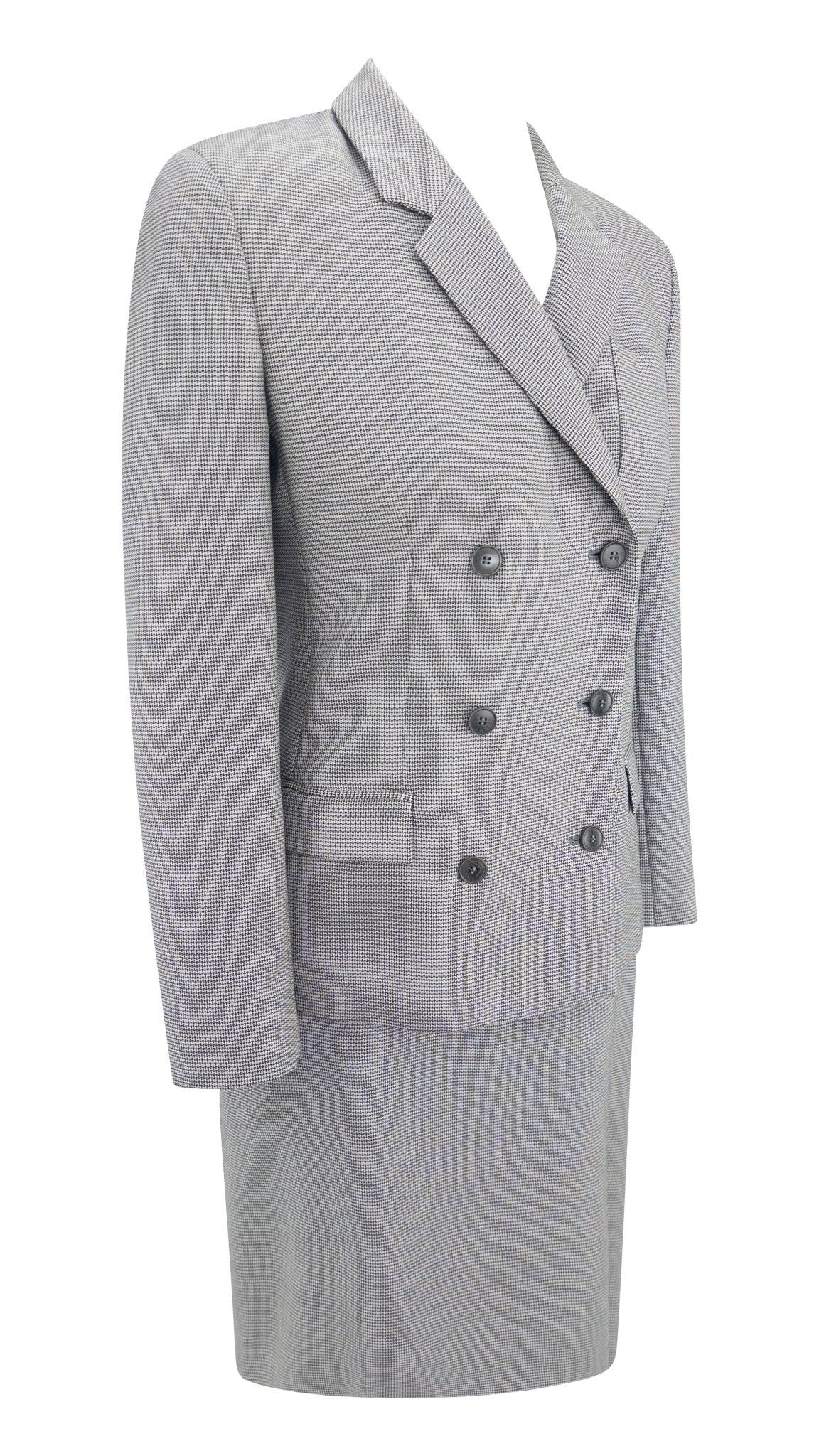 Early 2000s Calvin Klein Grey Wool Mohair Double Breasted Mini Skirt Suit - RealList