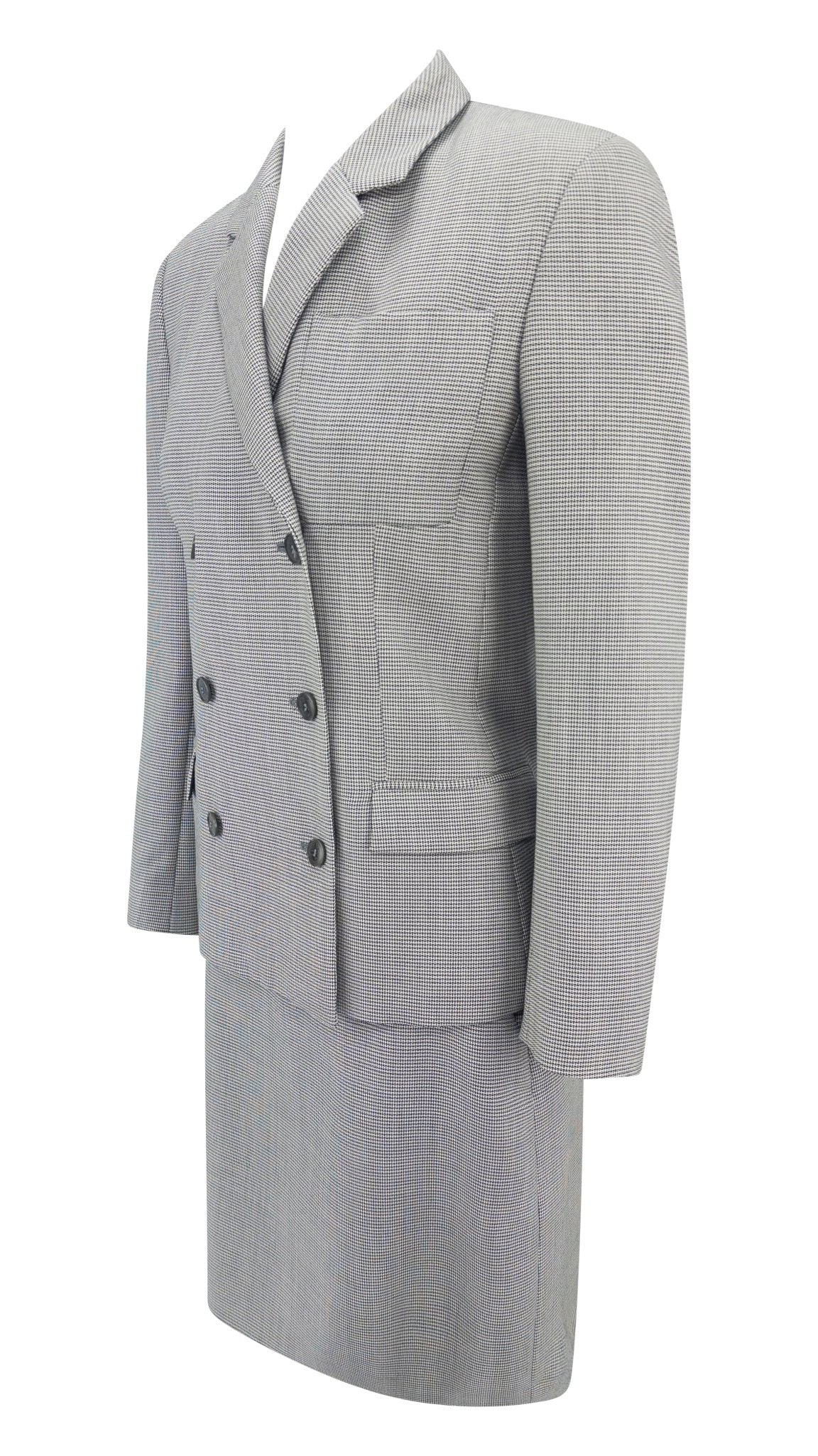 Early 2000s Calvin Klein Grey Wool Mohair Double Breasted Mini Skirt Suit - RealList