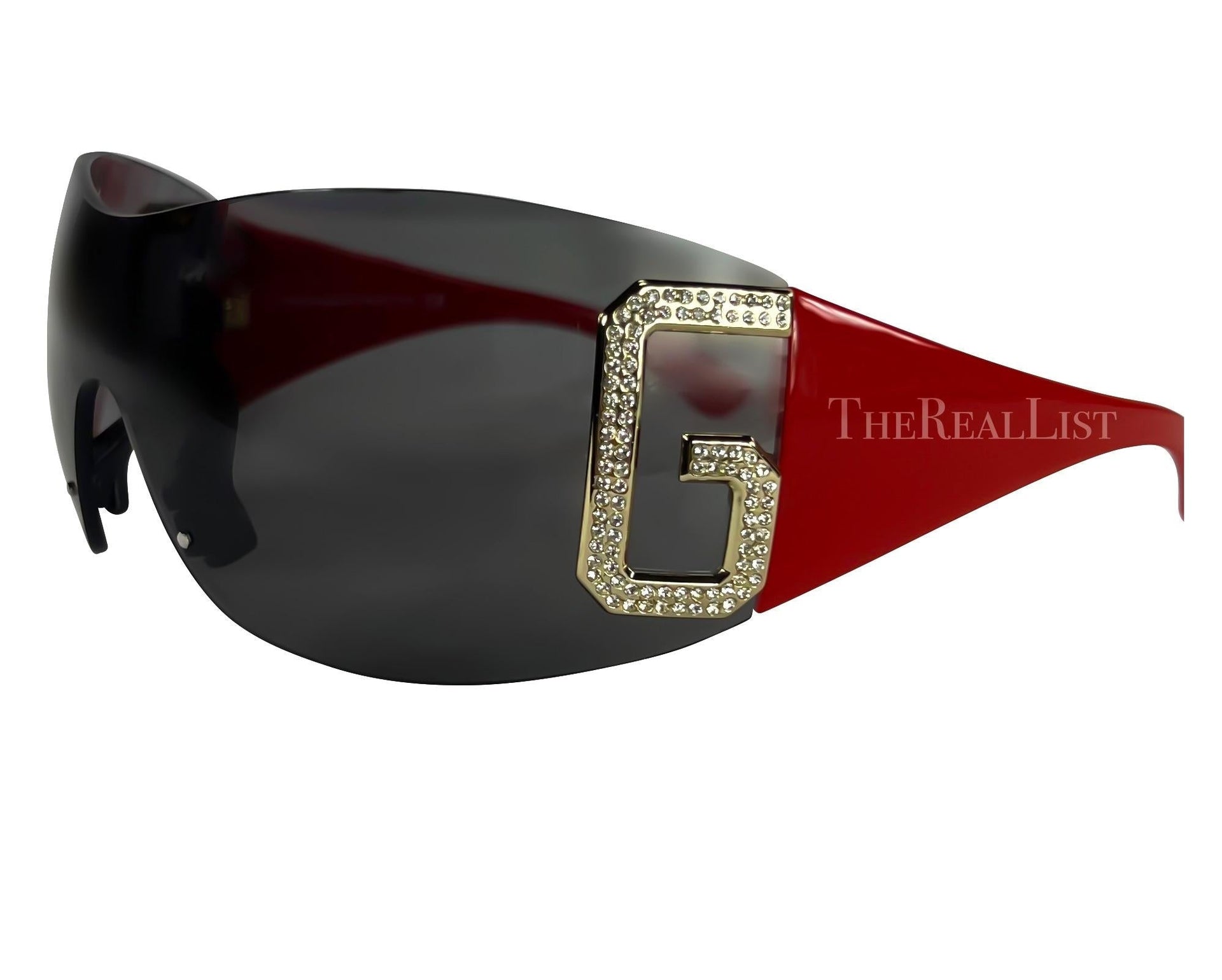 Early 2000s Dolce & Gabbana Red Shield Rimless Rhinestone Sunglasses - RealList