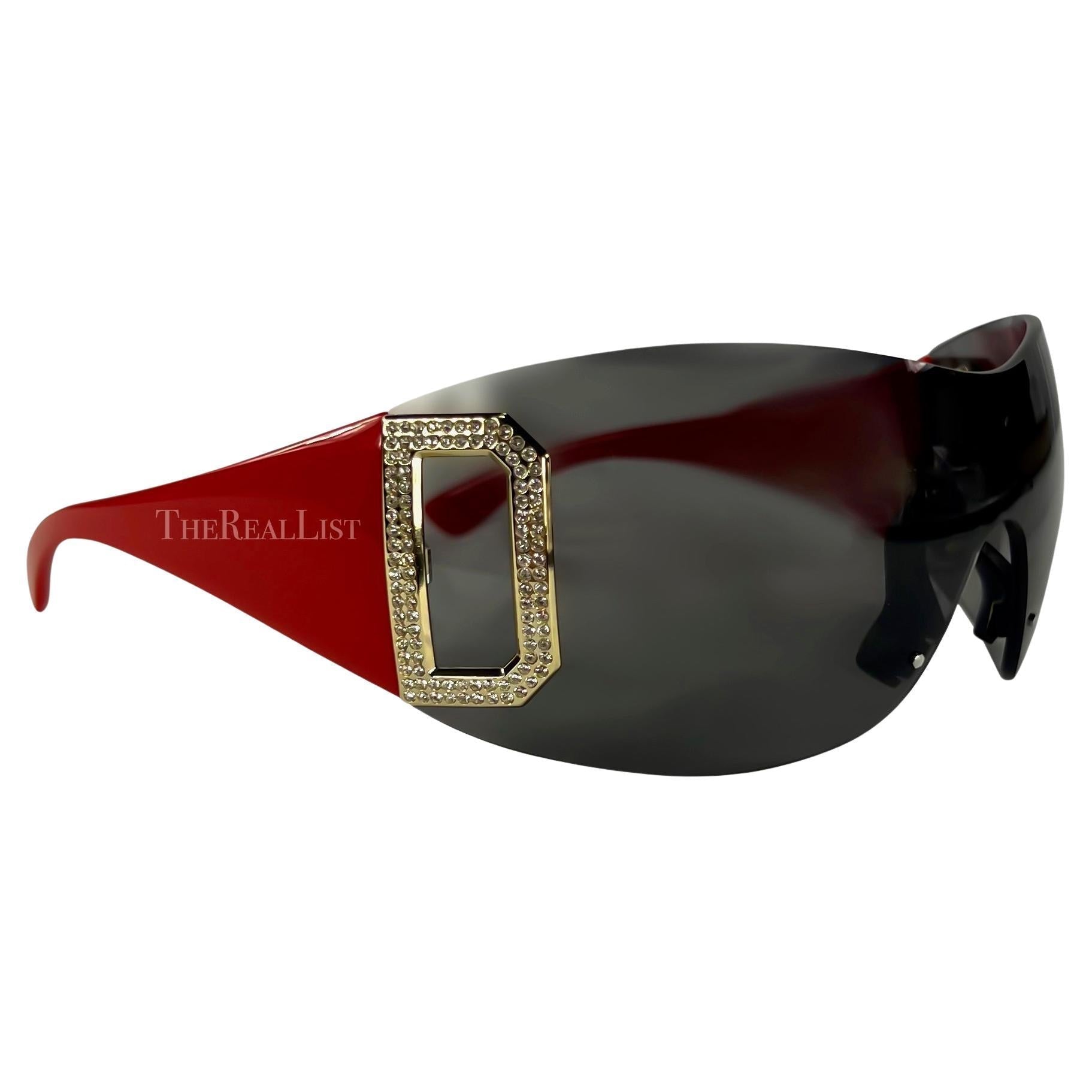 Early 2000s Dolce & Gabbana Red Shield Rimless Rhinestone Sunglasses - RealList