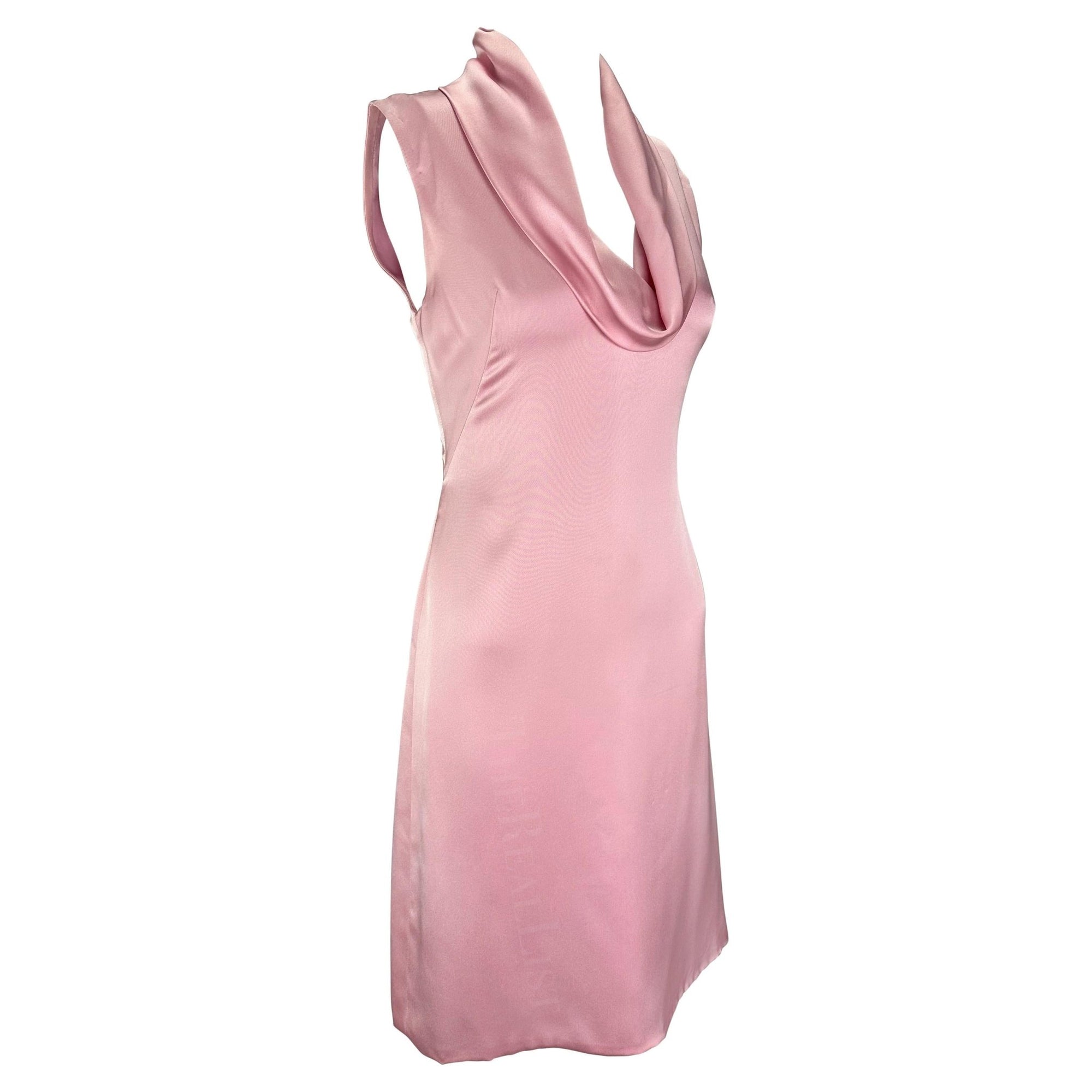 Early 2000s Gianni Versace by Donatella Light Pink Silk Cowl Neck Mini Dress - RealList