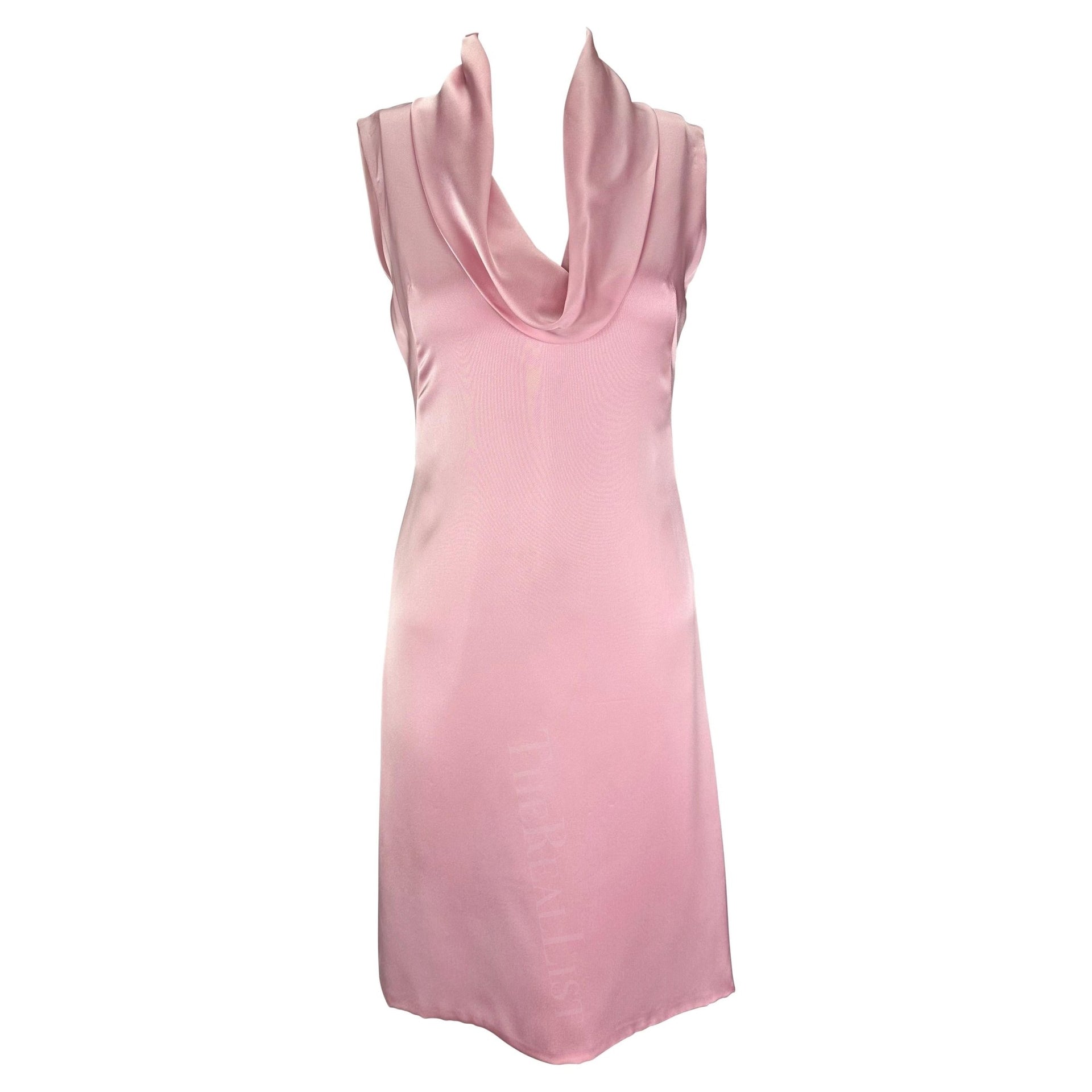 Early 2000s Gianni Versace by Donatella Light Pink Silk Cowl Neck Mini Dress - RealList