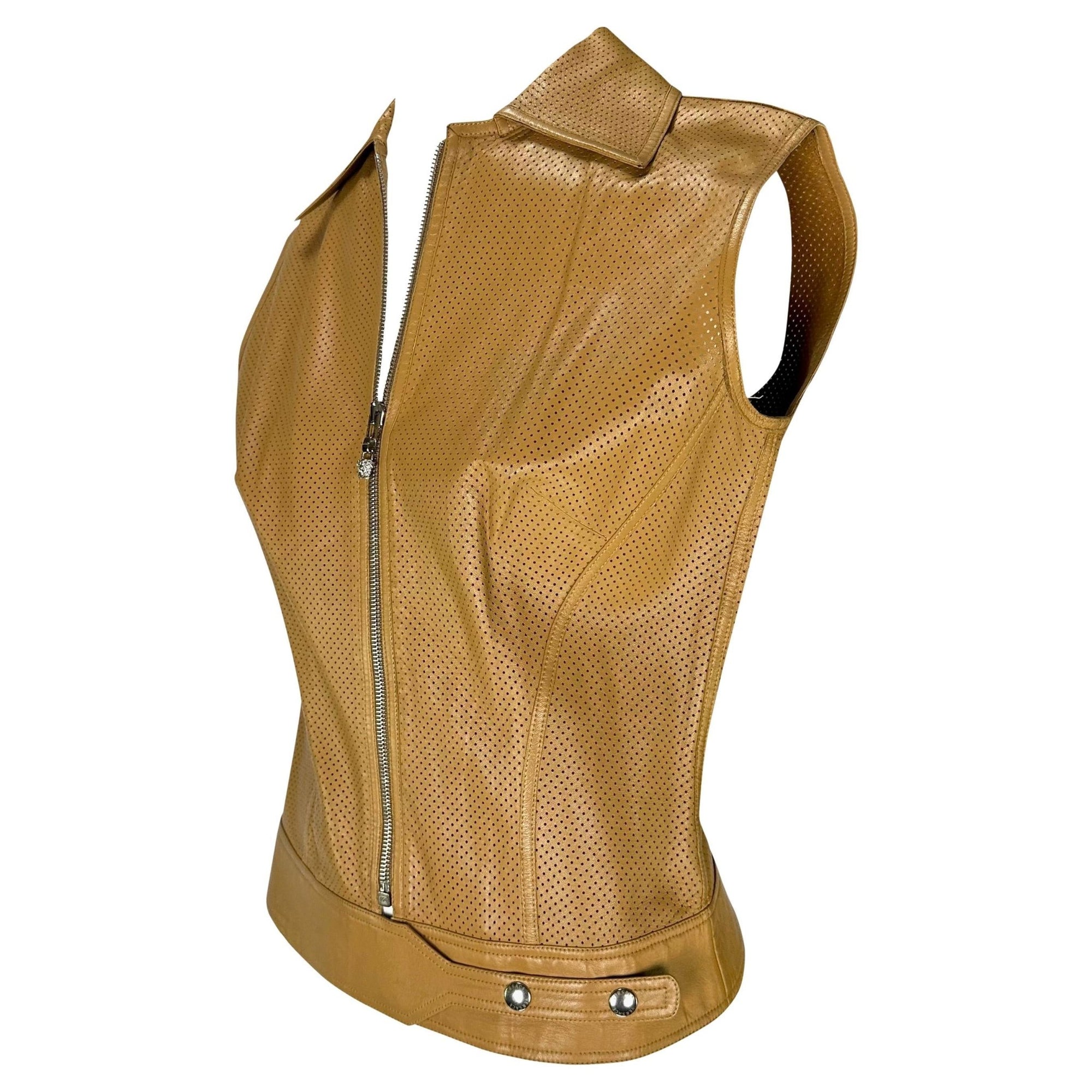 Early 2000s Gianni Versace by Donatella Perforated Leather Medusa Zip Vest Top - RealList