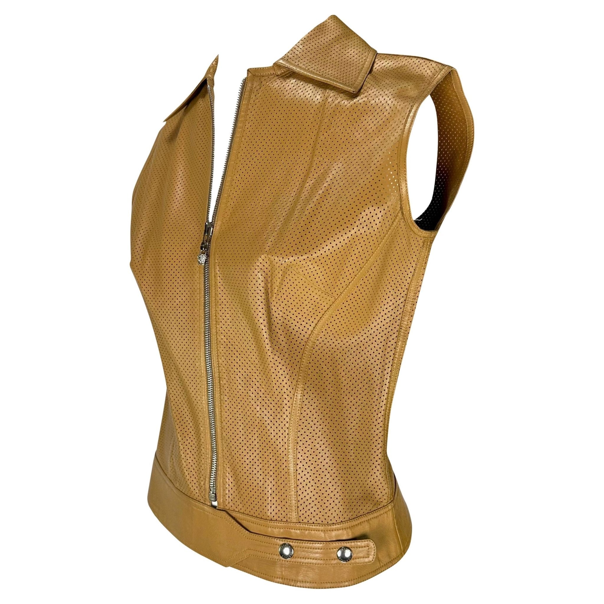 Early 2000s Gianni Versace by Donatella Perforated Leather Medusa Zip Vest Top - RealList