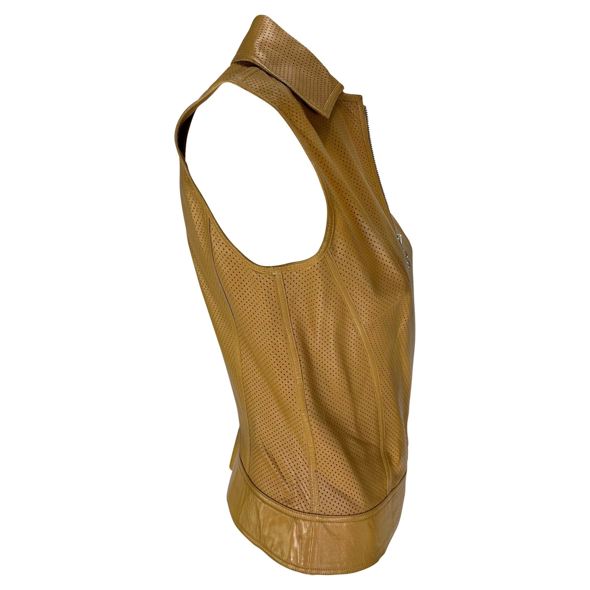 Early 2000s Gianni Versace by Donatella Perforated Leather Medusa Zip Vest Top - RealList
