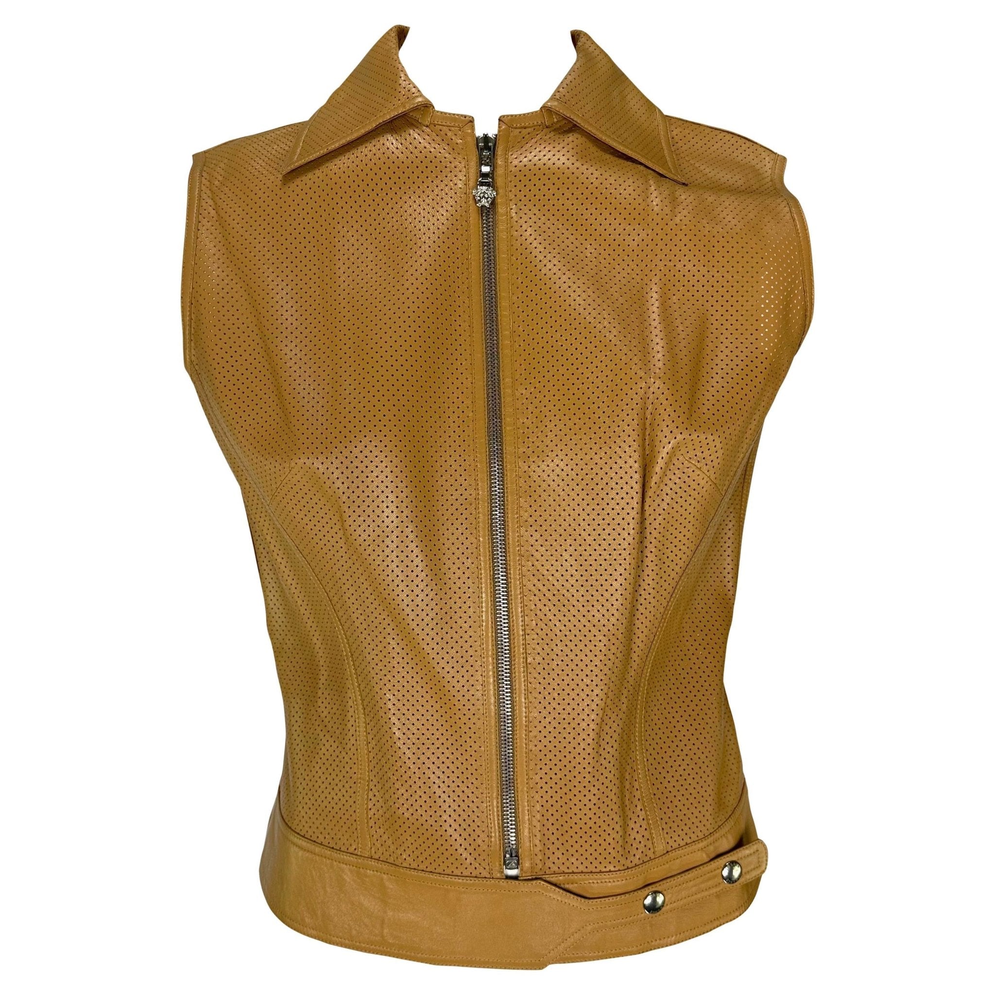 Early 2000s Gianni Versace by Donatella Perforated Leather Medusa Zip Vest Top - RealList