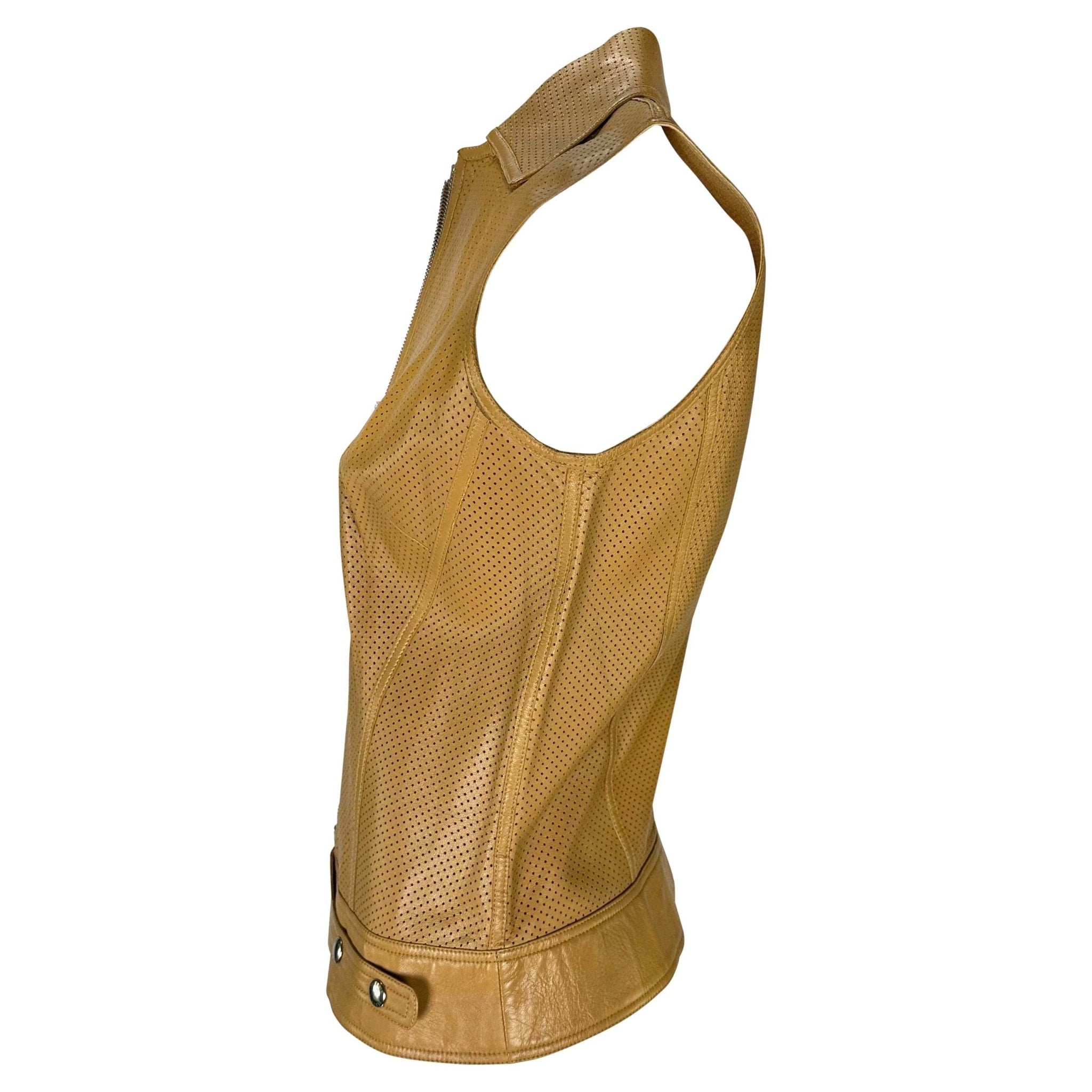 Early 2000s Gianni Versace by Donatella Perforated Leather Medusa Zip Vest Top - RealList