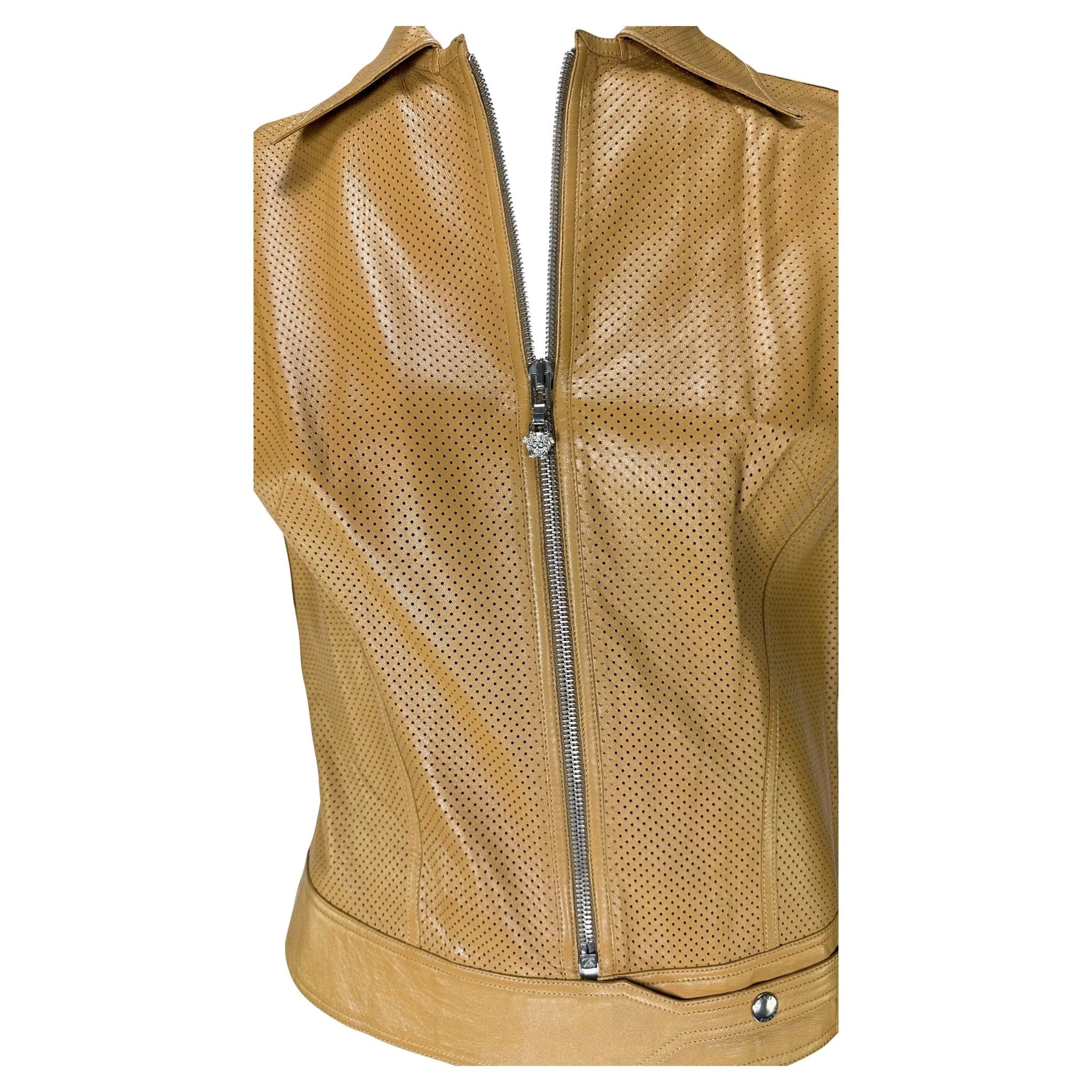 Early 2000s Gianni Versace by Donatella Perforated Leather Medusa Zip Vest Top - RealList