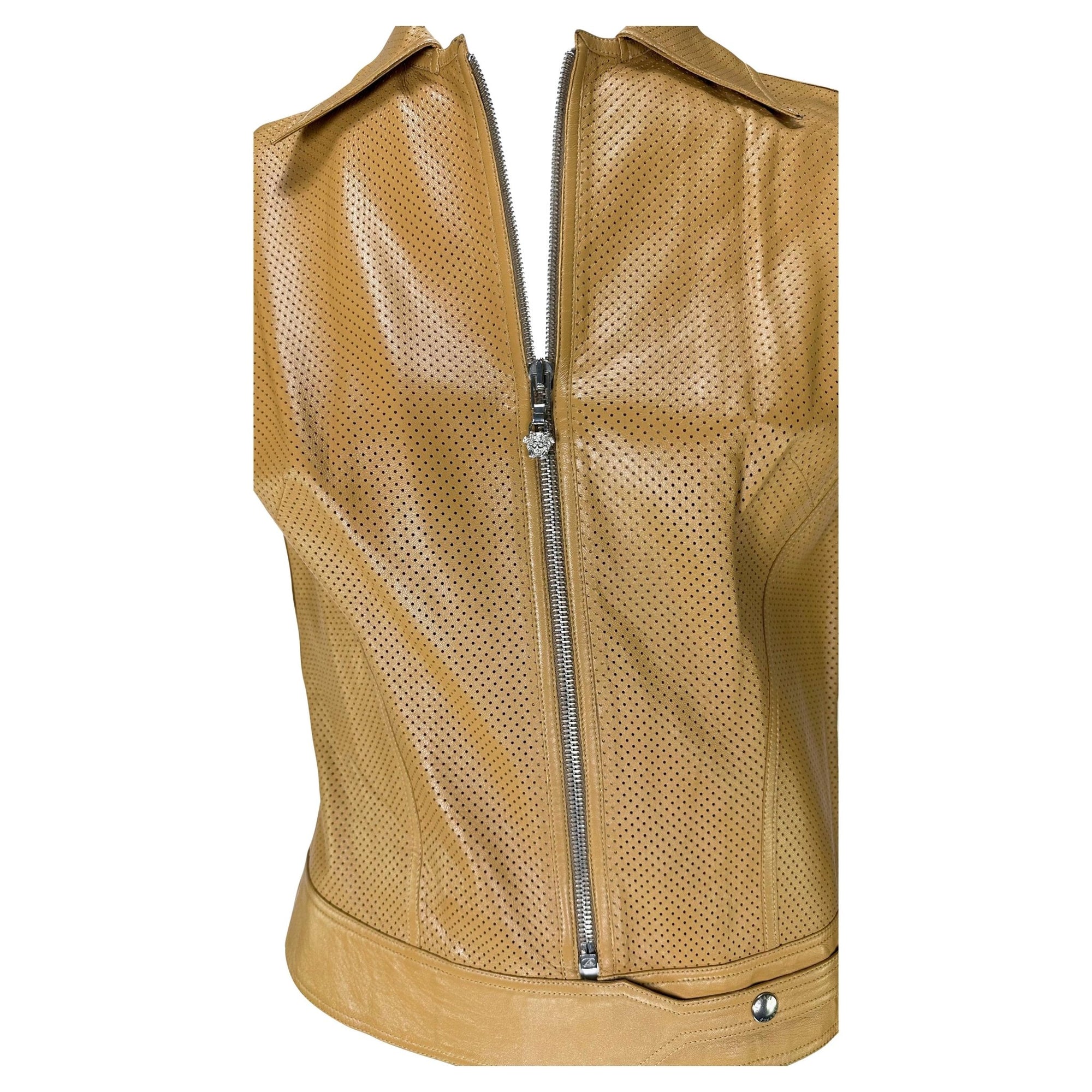 Early 2000s Gianni Versace by Donatella Perforated Leather Medusa Zip Vest Top - RealList