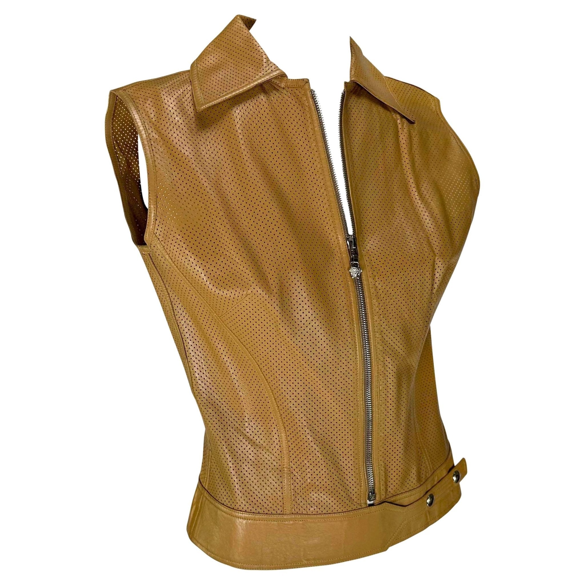 Early 2000s Gianni Versace by Donatella Perforated Leather Medusa Zip Vest Top - RealList
