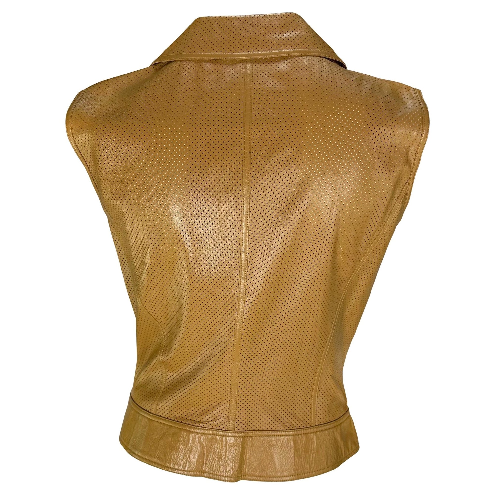 Early 2000s Gianni Versace by Donatella Perforated Leather Medusa Zip Vest Top - RealList