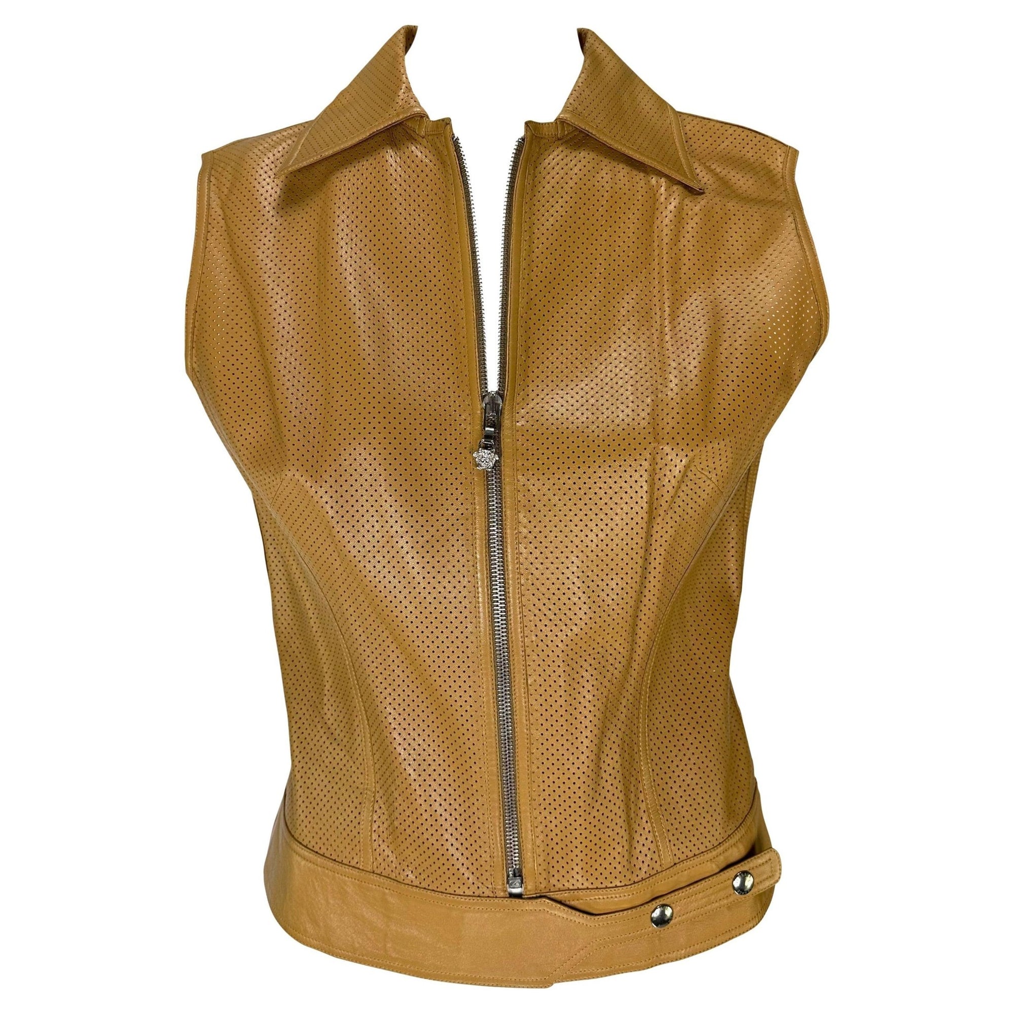 Early 2000s Gianni Versace by Donatella Perforated Leather Medusa Zip Vest Top - RealList