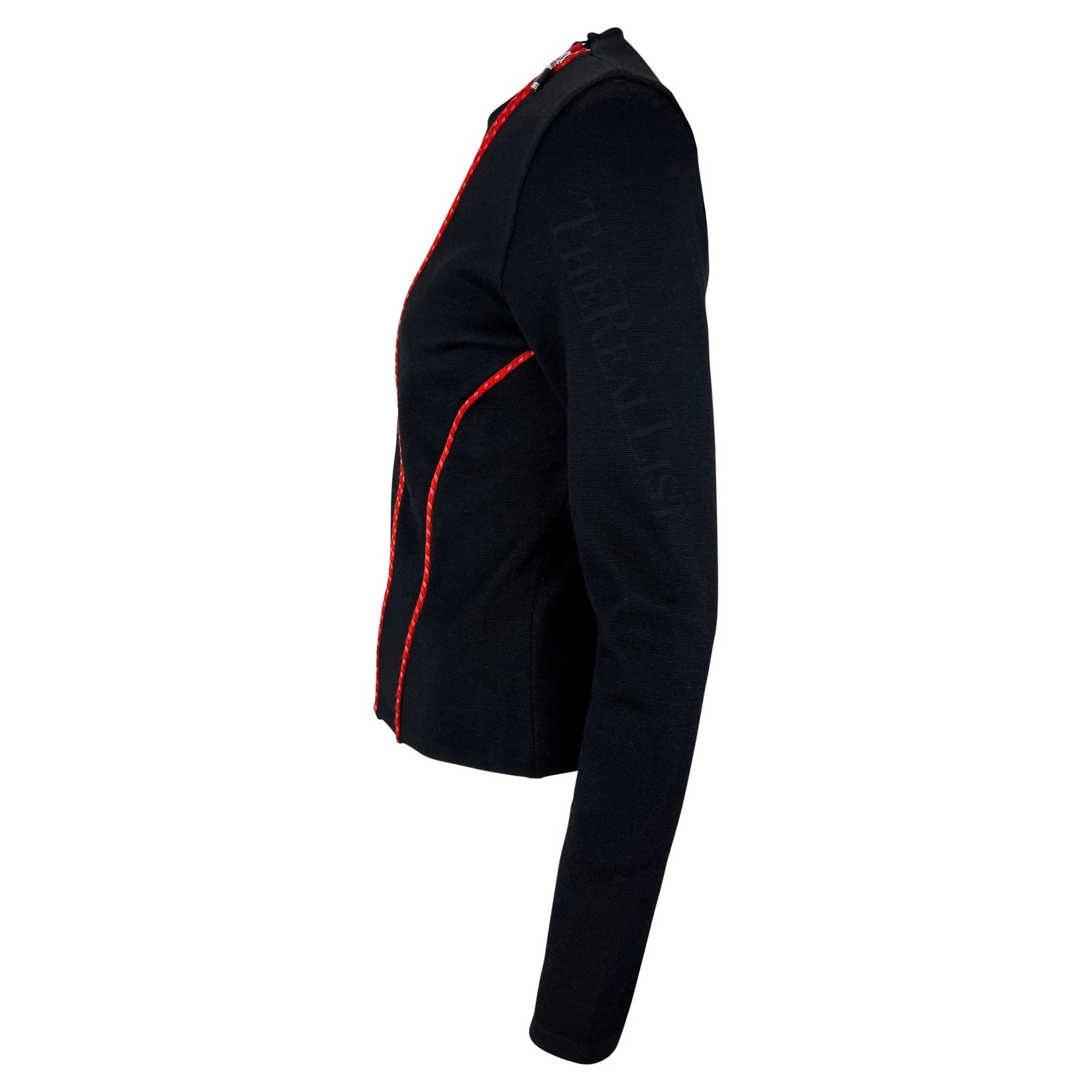 Early 2000s Gianni Versace by Donatella Red Leather Logo Appliqué Knit Zip Sweater Top - RealList