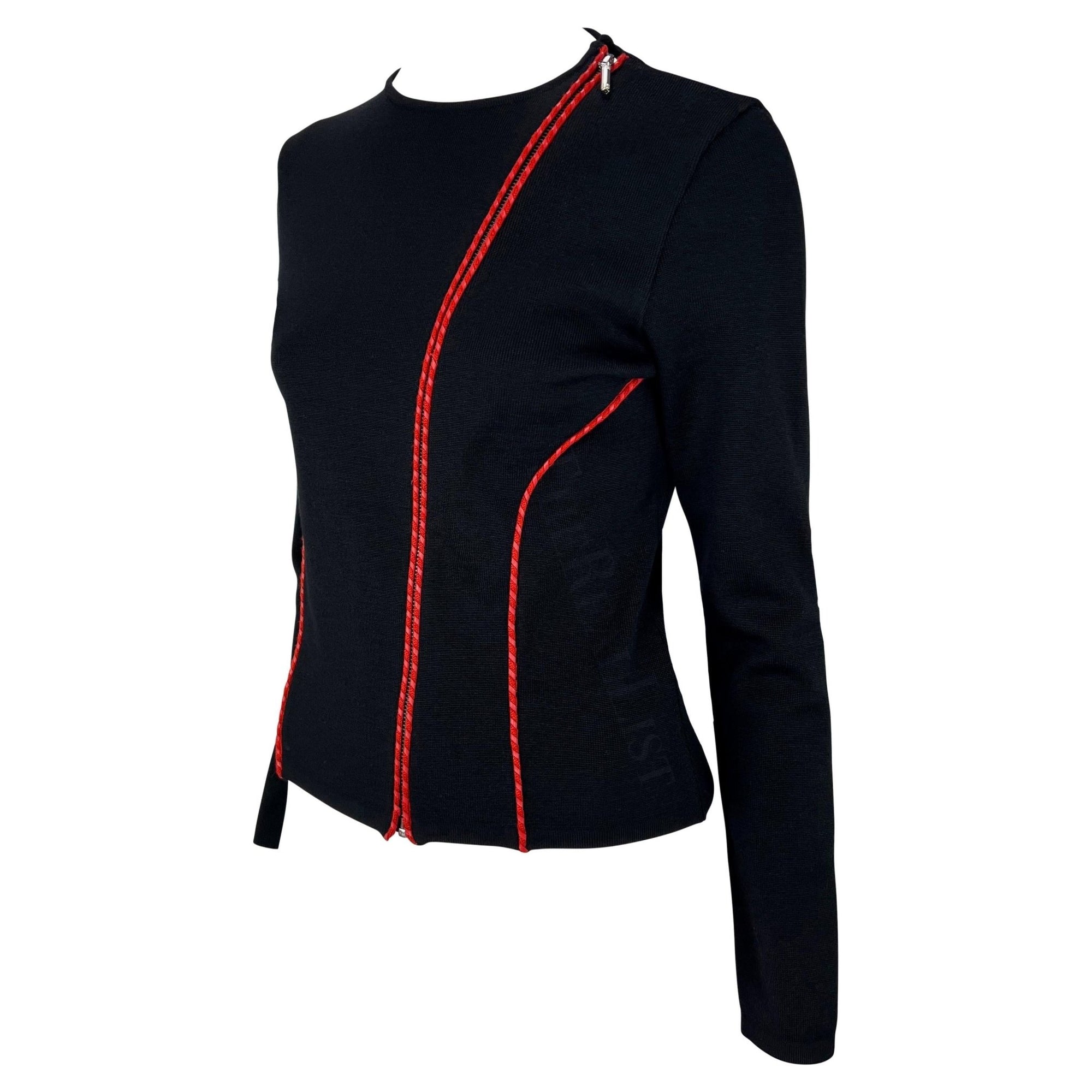 Early 2000s Gianni Versace by Donatella Red Leather Logo Appliqué Knit Zip Sweater Top - RealList