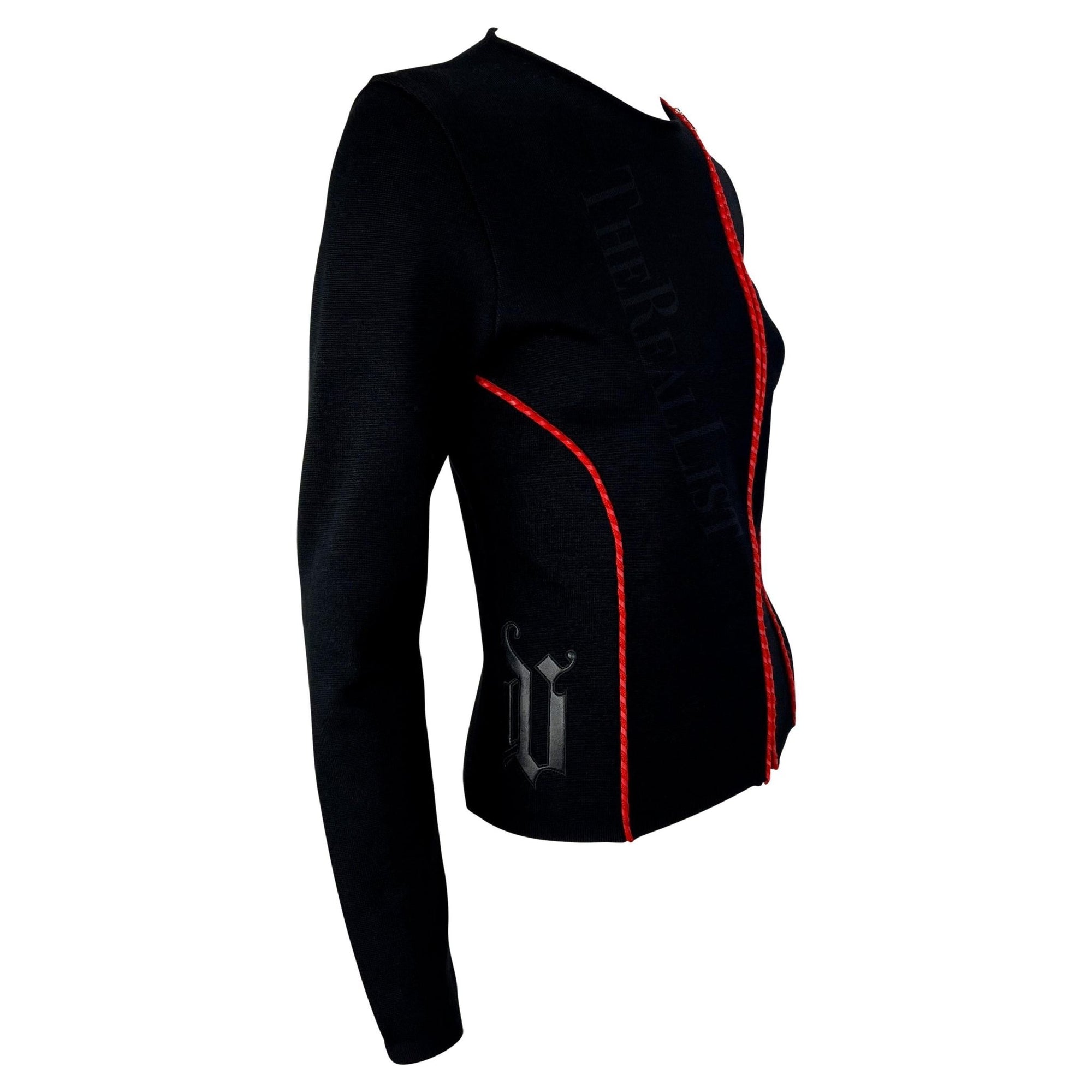 Early 2000s Gianni Versace by Donatella Red Leather Logo Appliqué Knit Zip Sweater Top - RealList