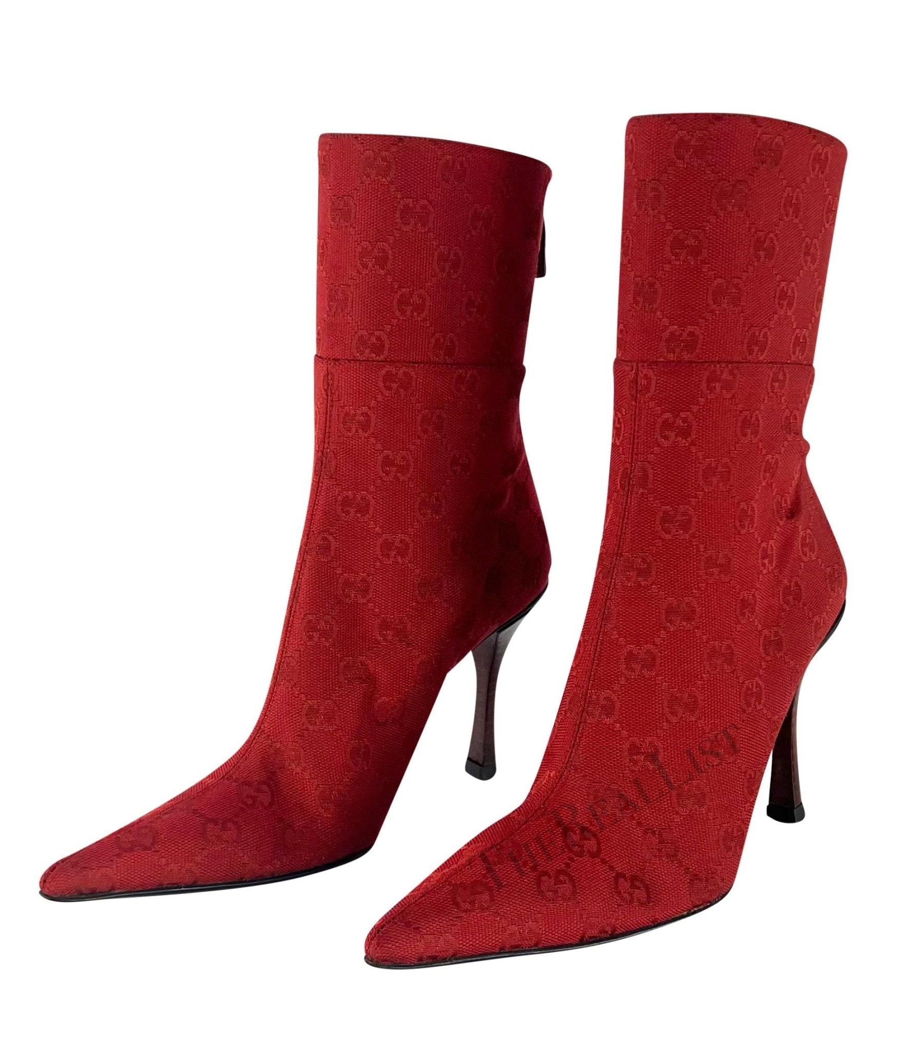 Early 2000s Gucci by Tom Ford Red 'GG' Canvas Heel Ankle Boots Size 6B - RealList