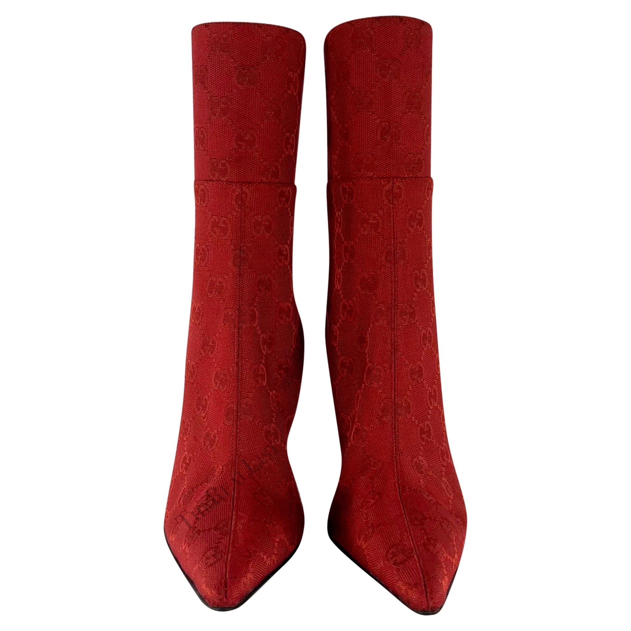 Early 2000s Gucci by Tom Ford Red 'GG' Canvas Heel Ankle Boots Size 6B - RealList