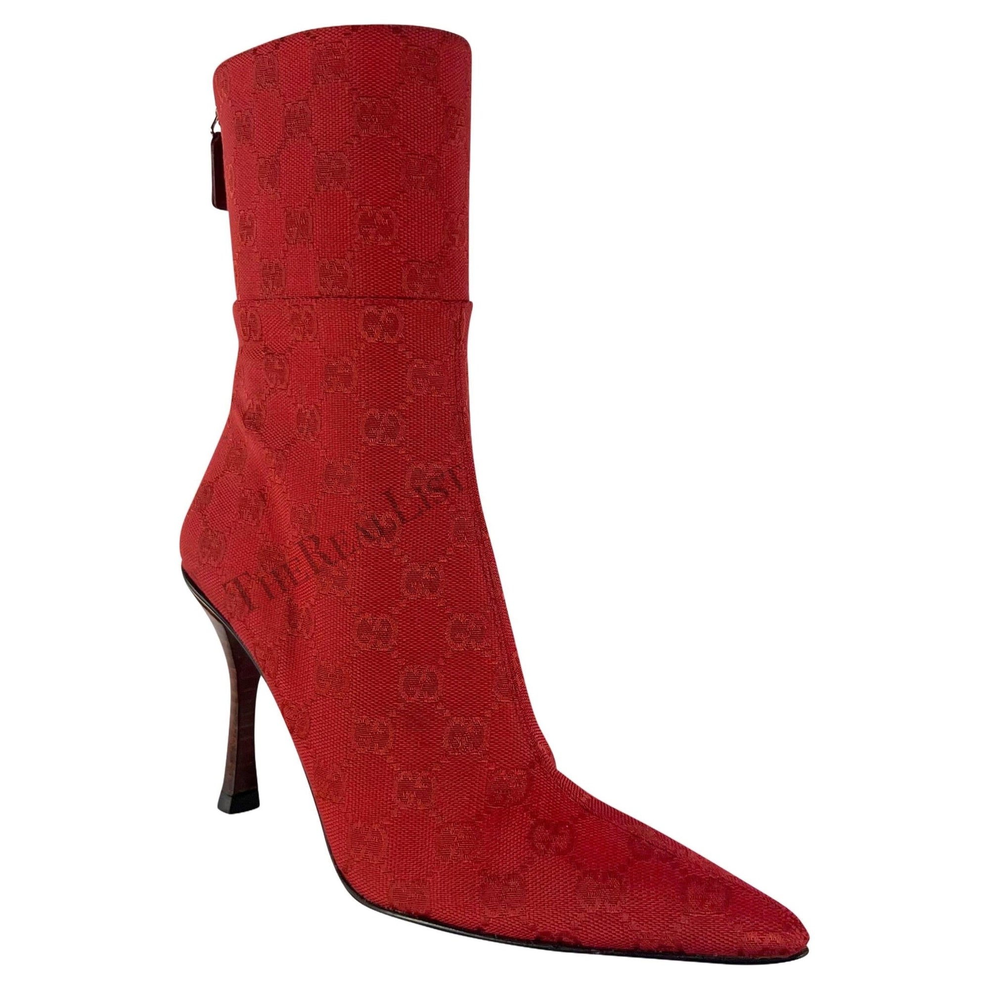 Early 2000s Gucci by Tom Ford Red 'GG' Canvas Heel Ankle Boots Size 6B - RealList