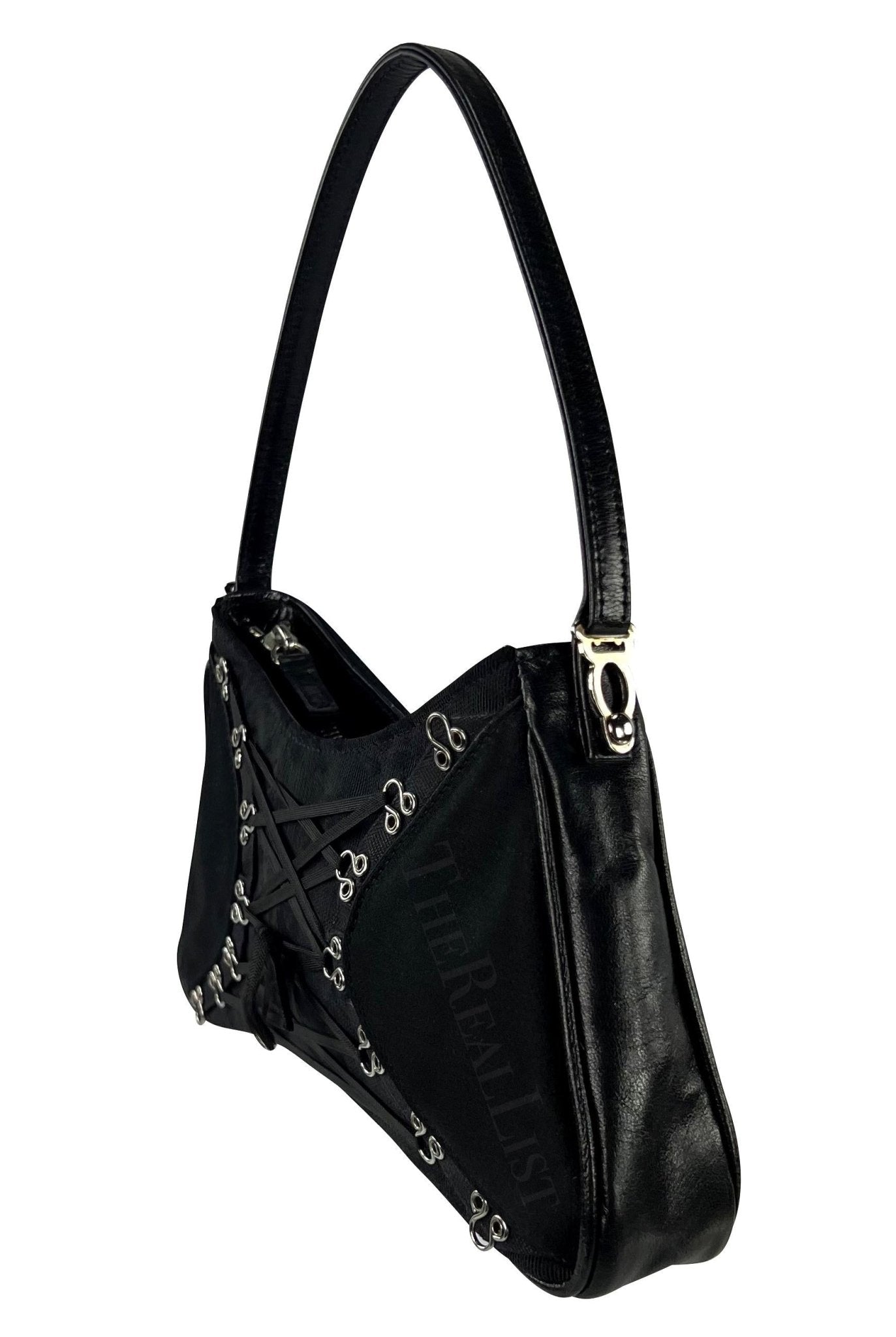 Early 2000s John Galliano Black Satin Leather Corset Style Mini Bag - RealList