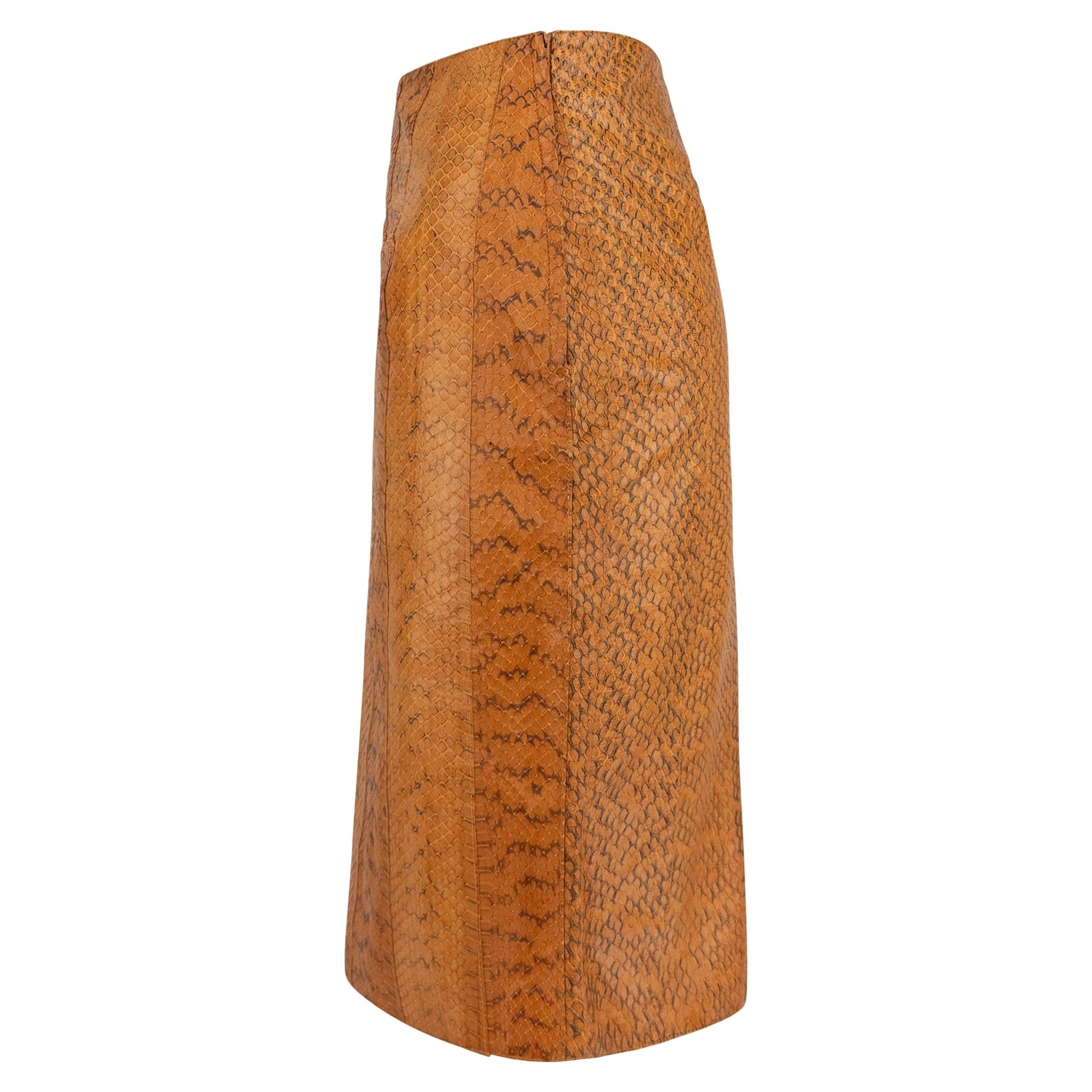 Early 2000s Miu Miu Orange Genuine Python Leather Knee - Length Pencil Skirt - RealList