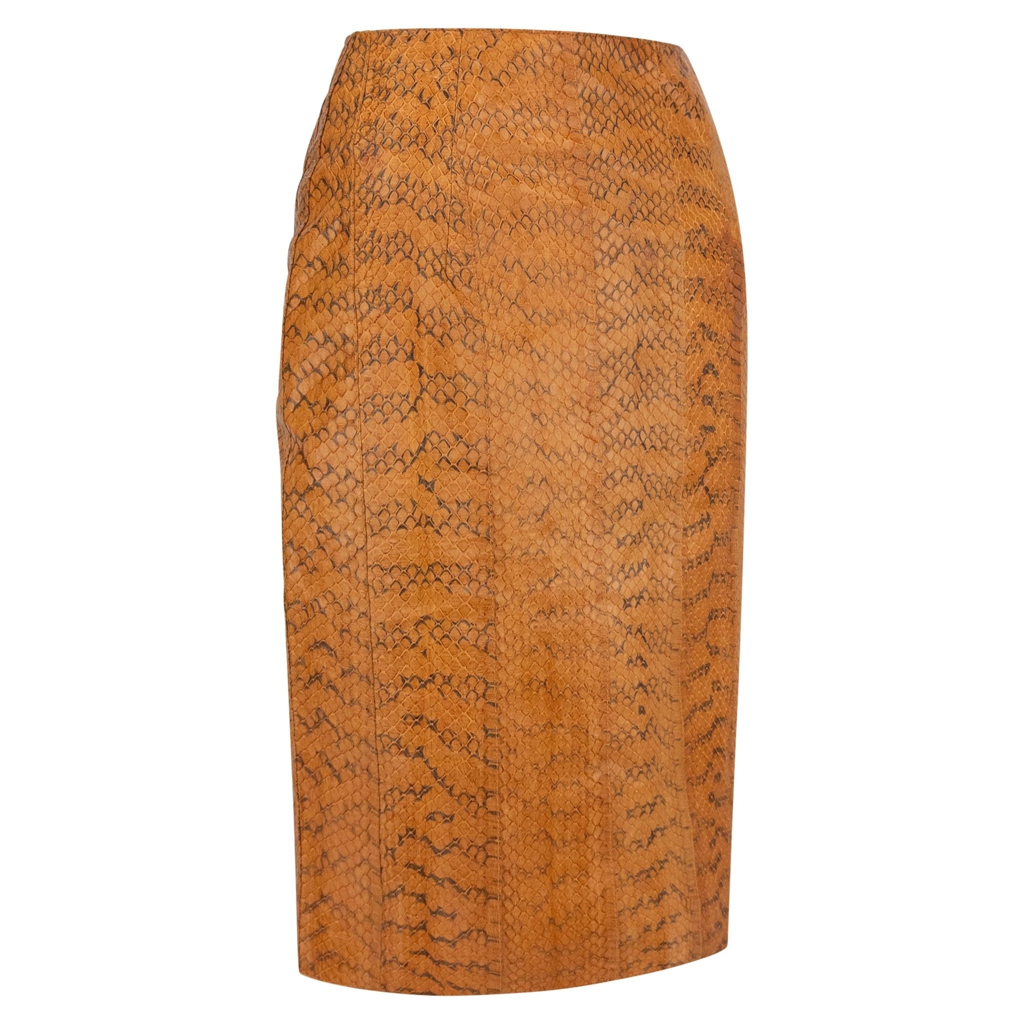 Early 2000s Miu Miu Orange Genuine Python Leather Knee - Length Pencil Skirt - RealList