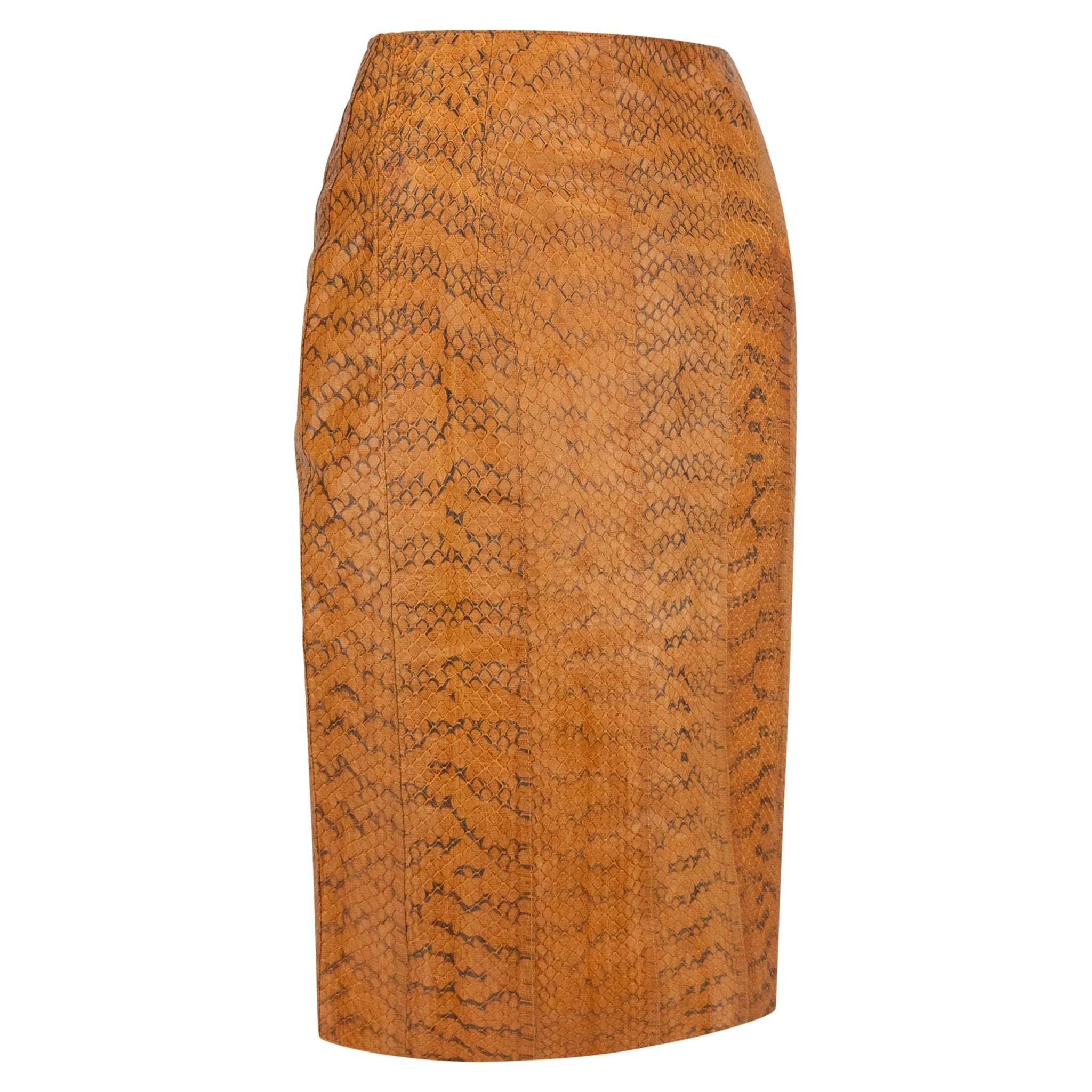 Early 2000s Miu Miu Orange Genuine Python Leather Knee - Length Pencil Skirt - RealList