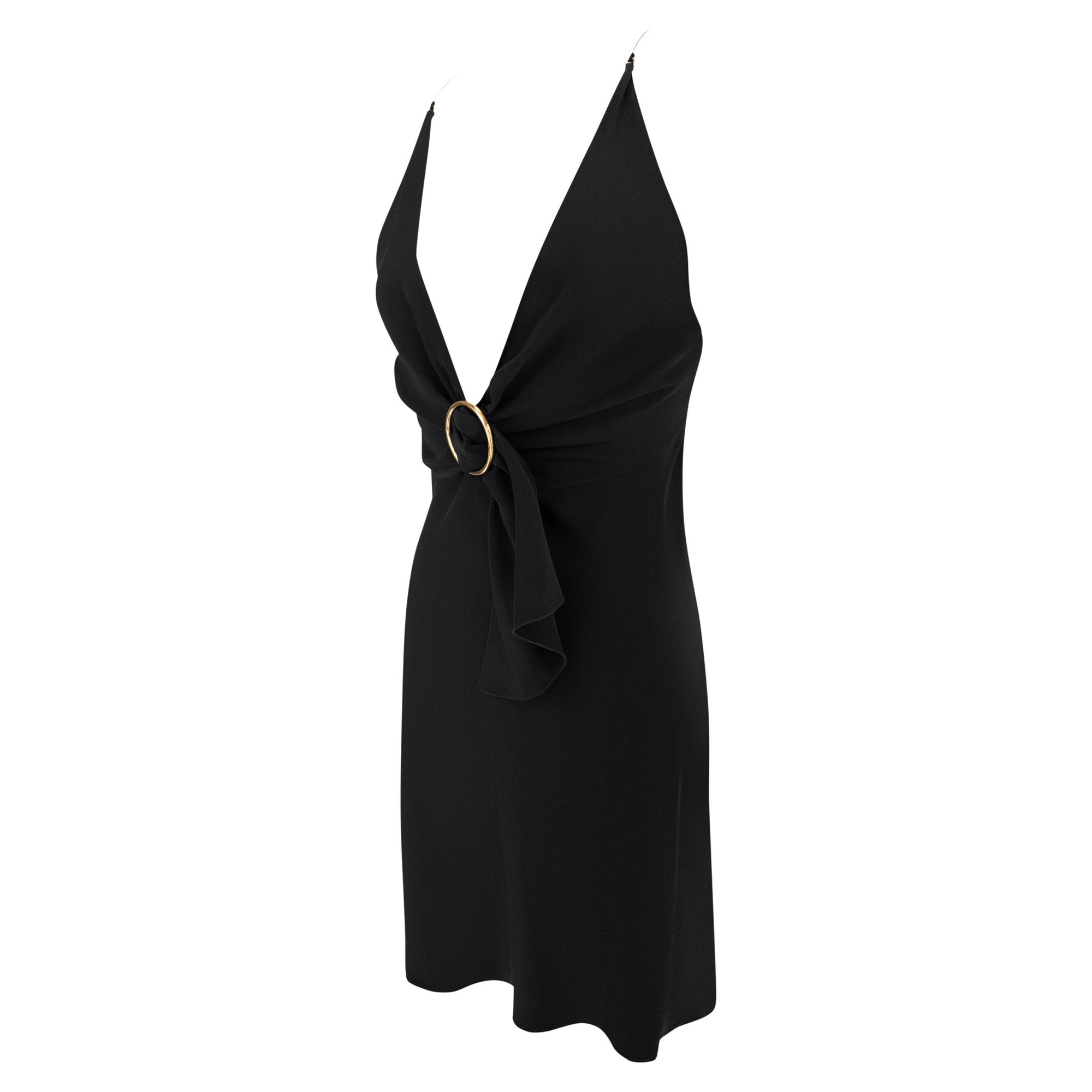Early 2000s Prada Black Silk Gold Buckle Detail Mini Slip Dress - RealList