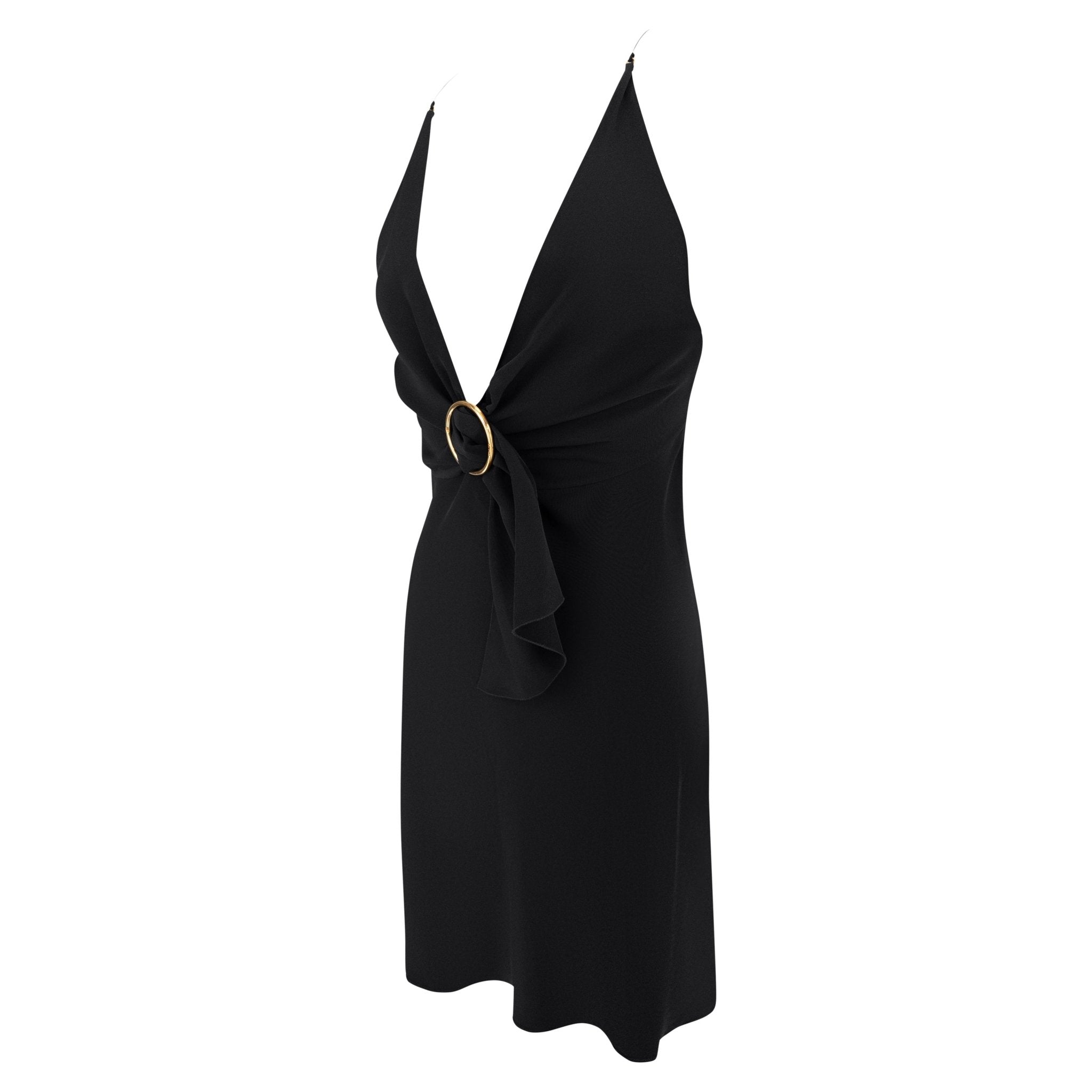 Early 2000s Prada Black Silk Gold Buckle Detail Mini Slip Dress - RealList