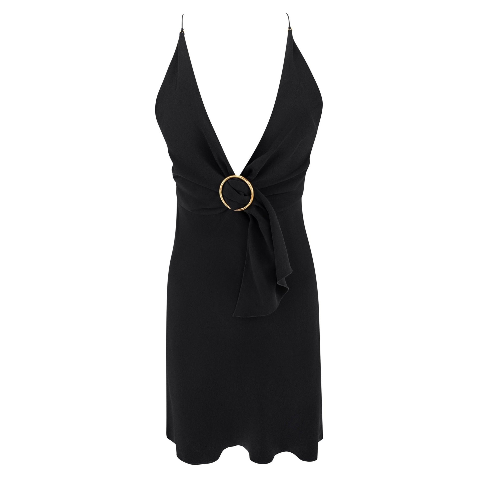 Early 2000s Prada Black Silk Gold Buckle Detail Mini Slip Dress - RealList