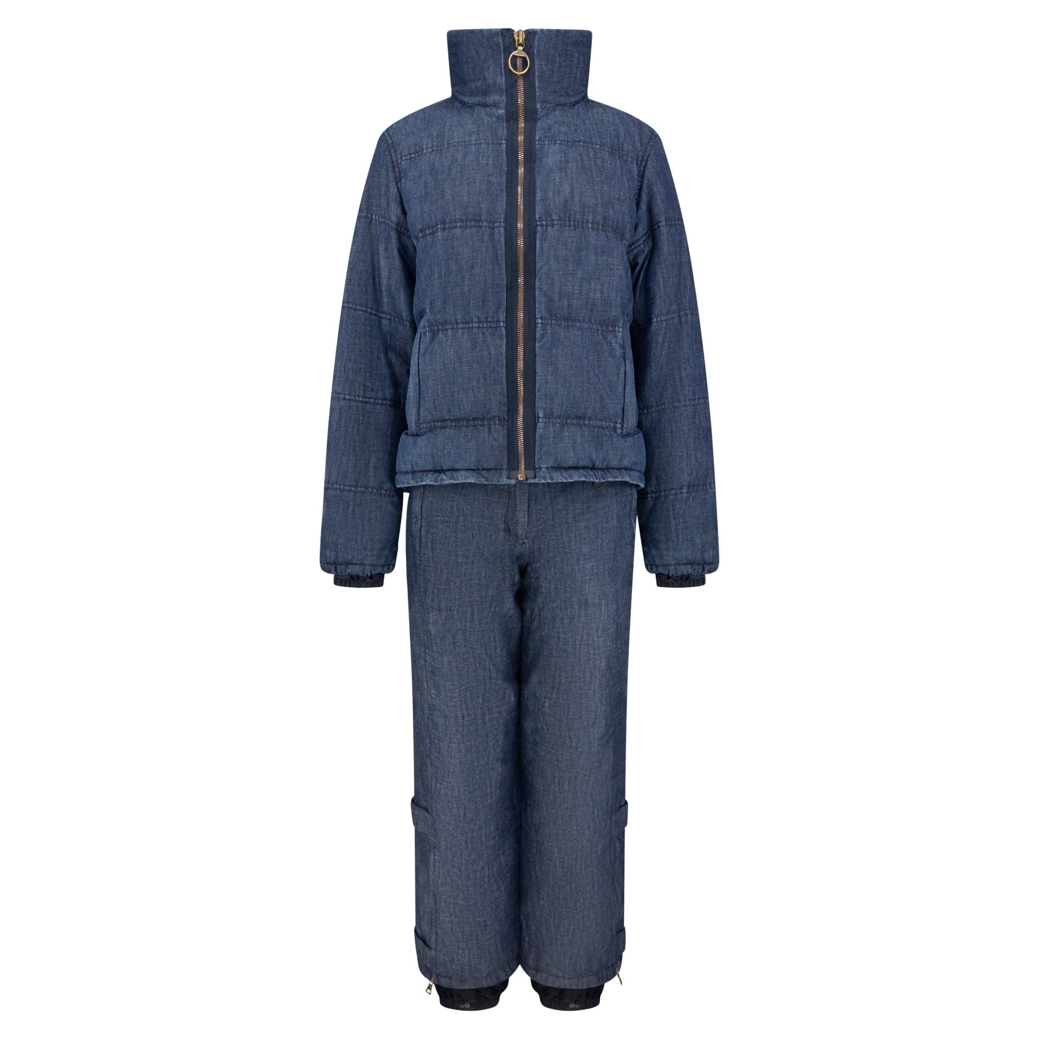 Early 2000s Prada Blue Denim Down Puffer Ski Jacket Pant Set - RealList